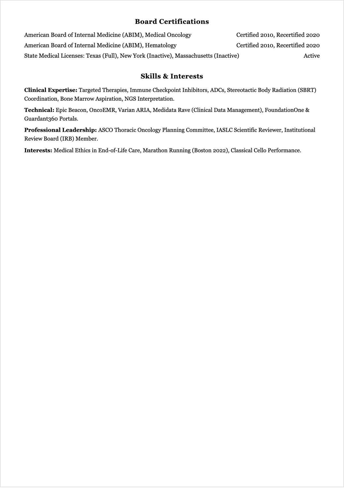 Free Printable Oncologist ATS Resume Template, AI Resume Builder