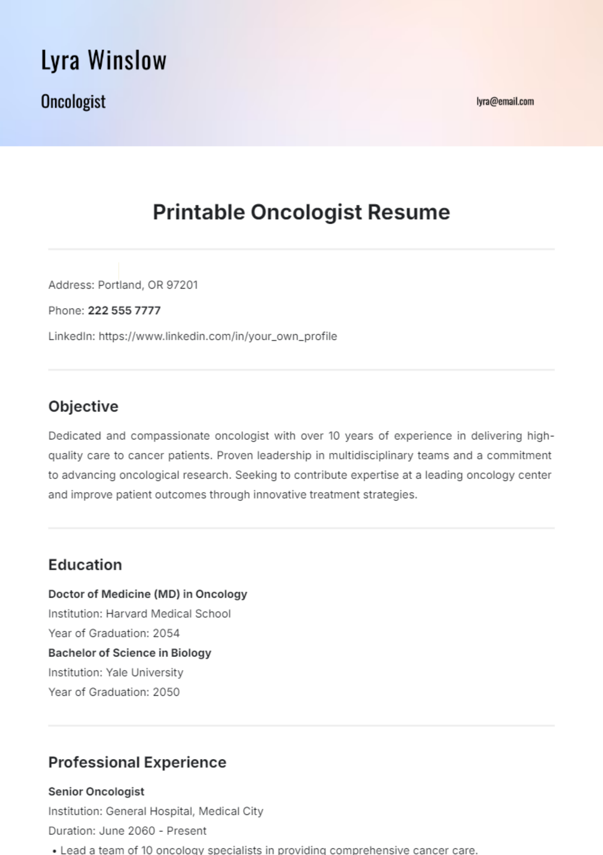 Printable Oncologist Resume Template - Edit Online & Download