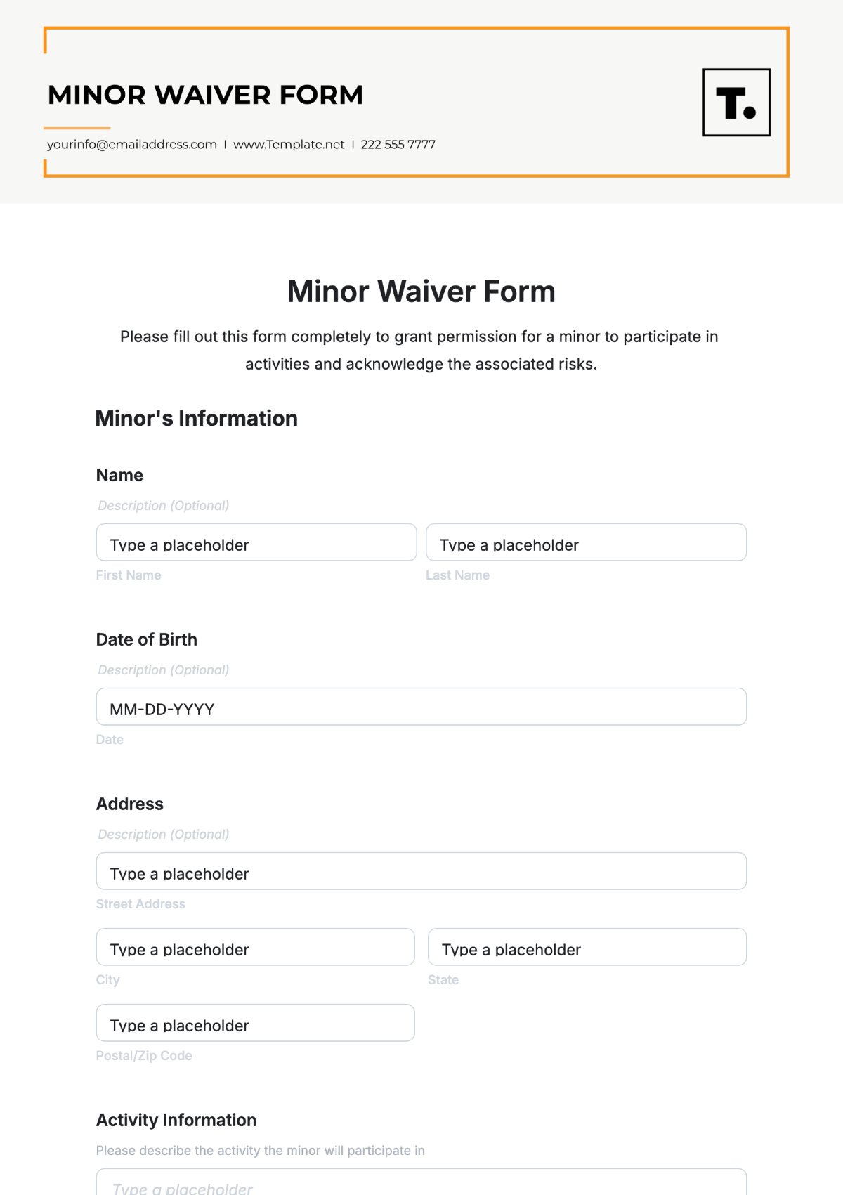 Minor Waiver Form Template - Edit Online & Download