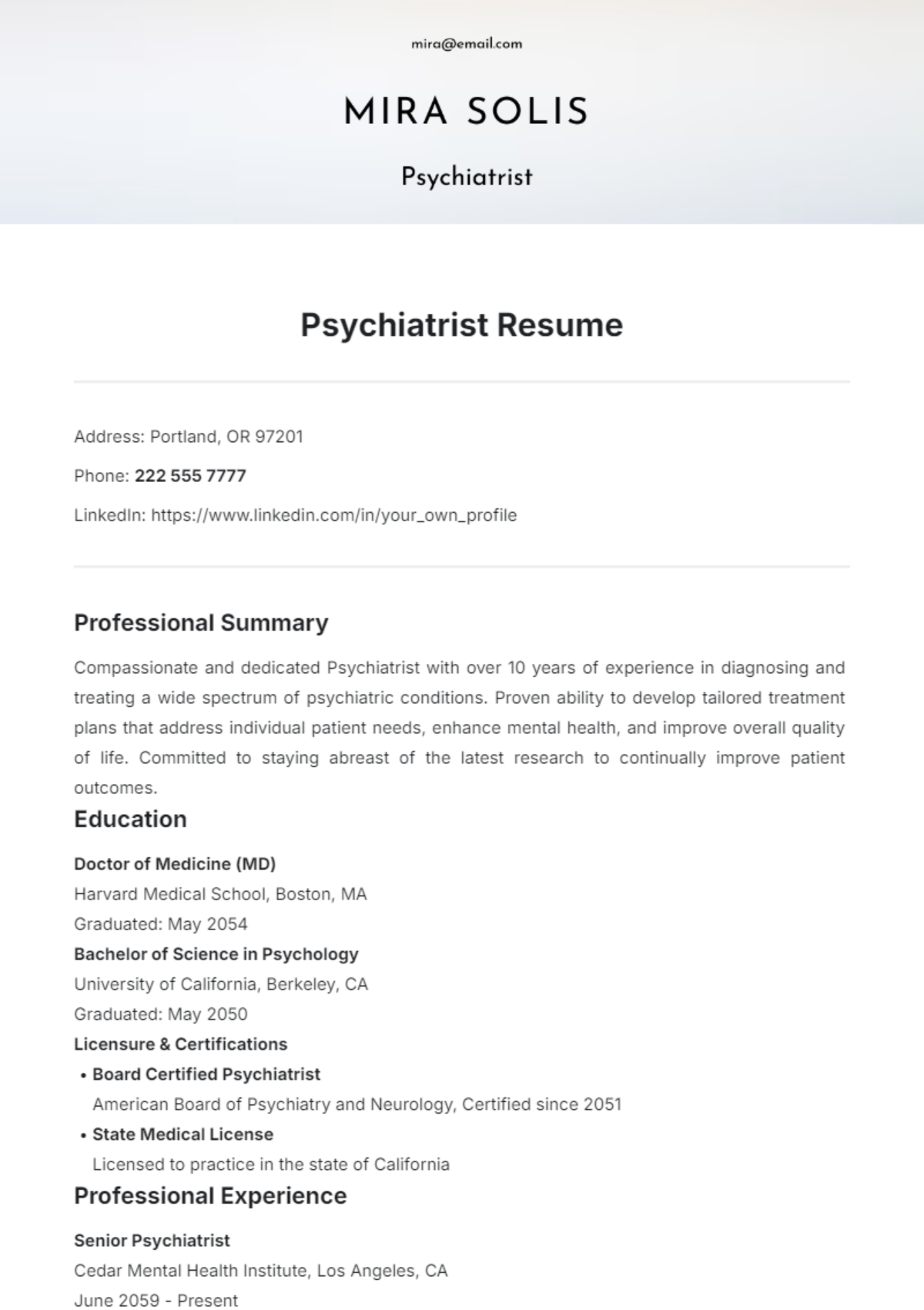 Psychiatrist Resume Template - Edit Online & Download