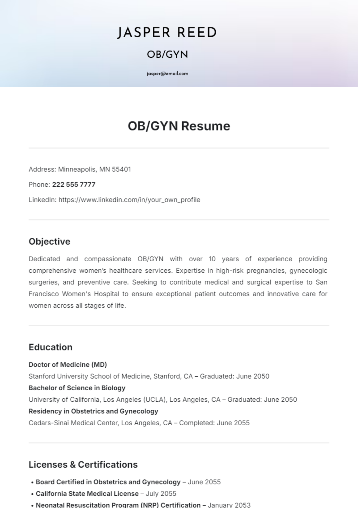 OB/GYN Resume Template - Edit Online & Download