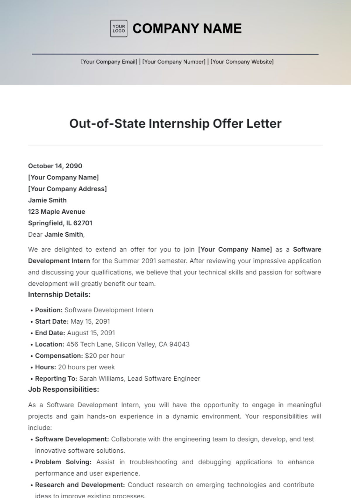 Out-of-State Internship Offer Letter Template - Edit Online & Download