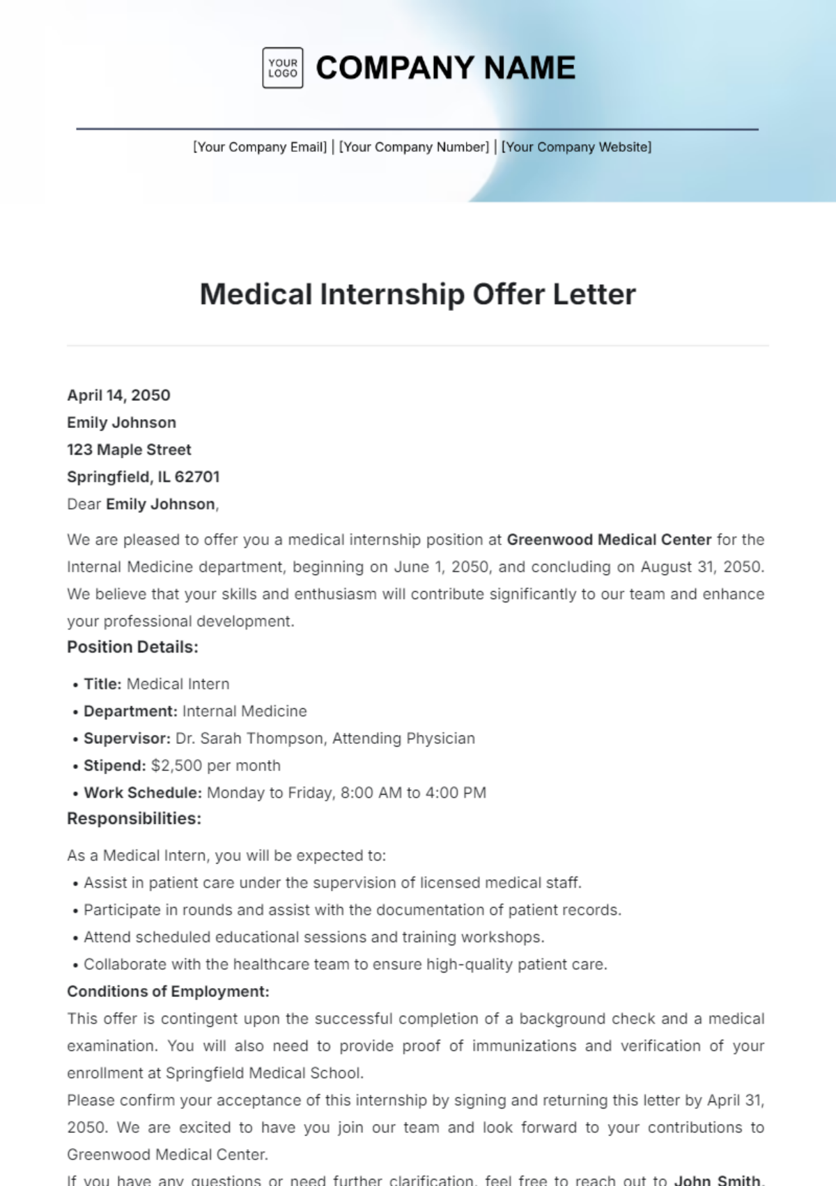 Medical Internship Offer Letter Template - Edit Online & Download