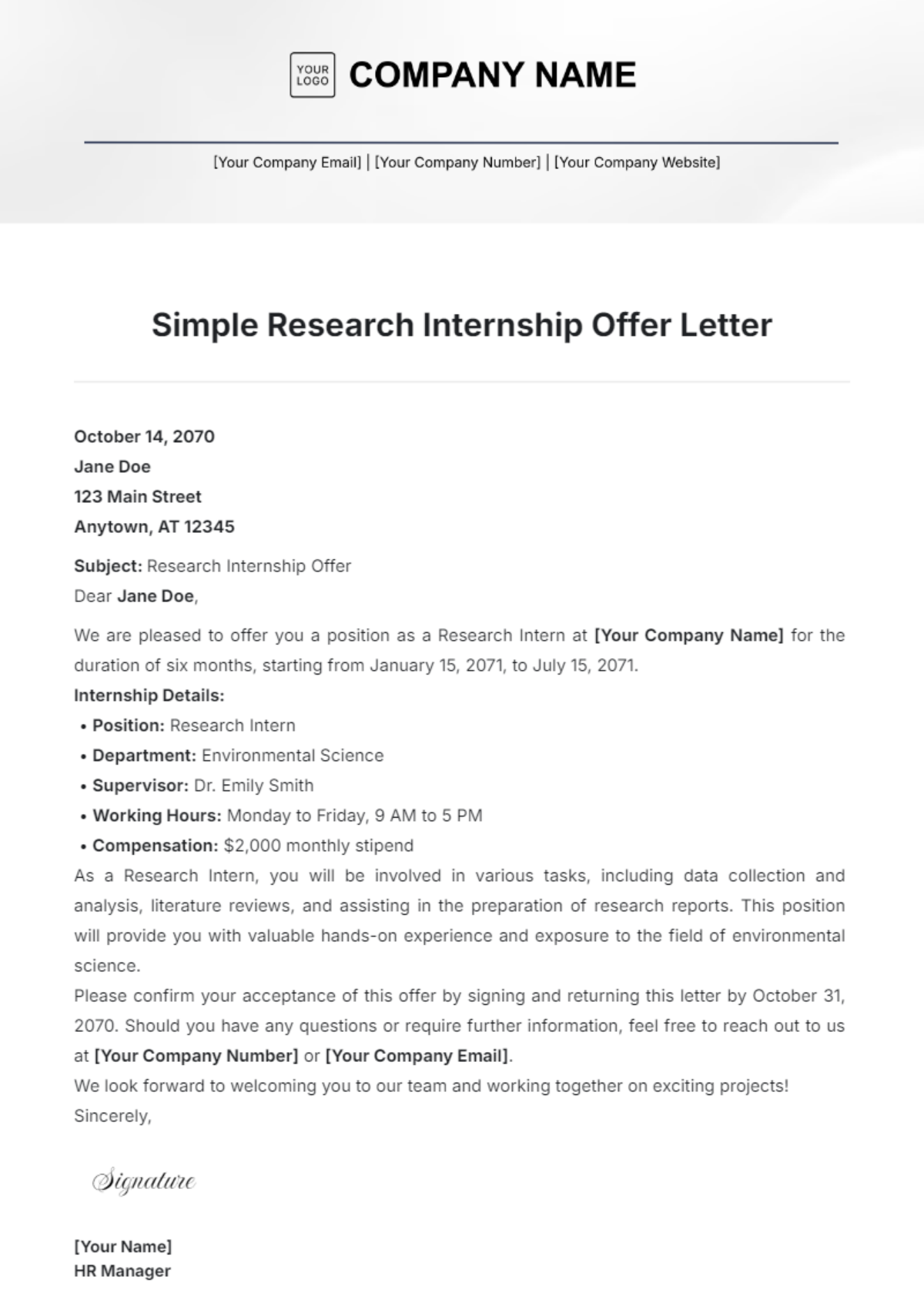 Simple Research Internship Offer Letter Template - Edit Online & Download