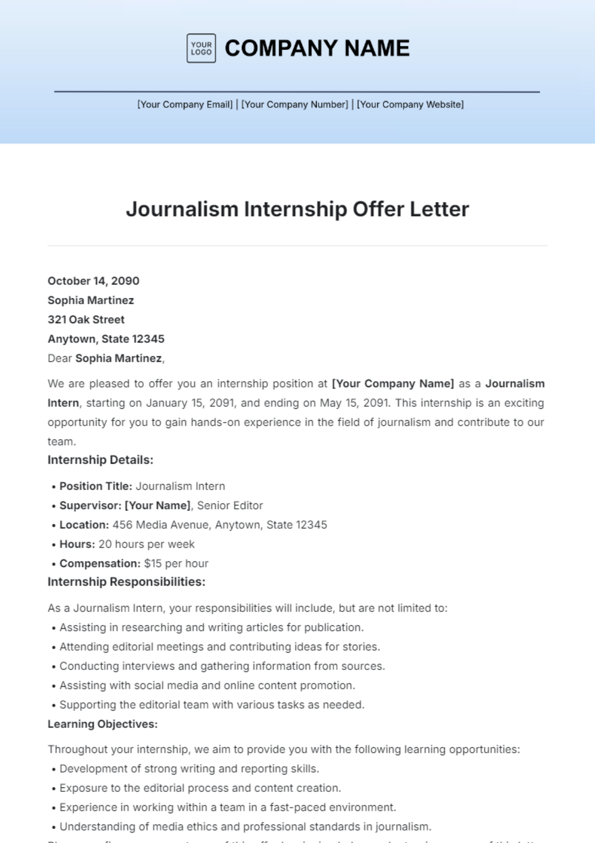 Journalism Internship Offer Letter Template - Edit Online & Download