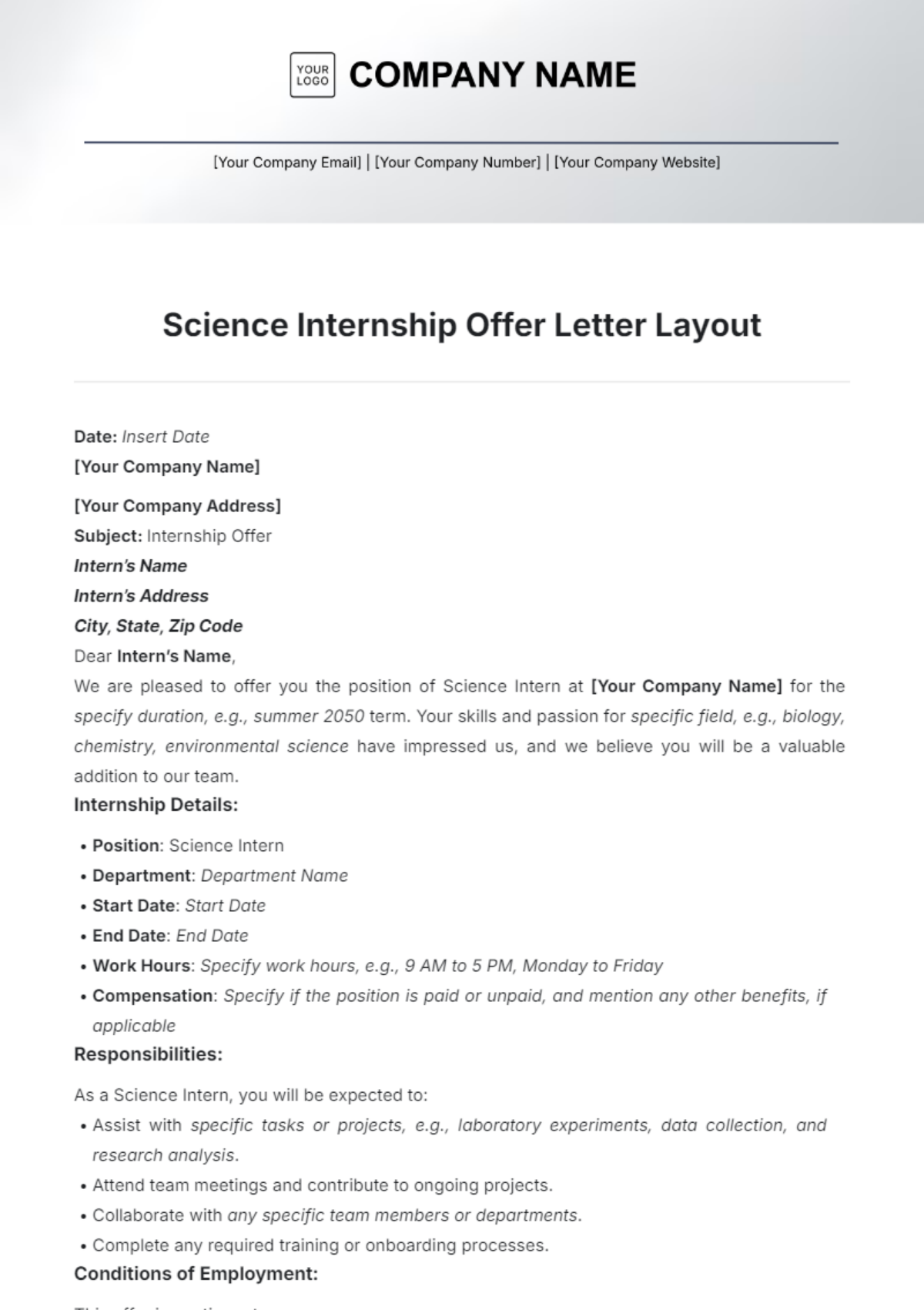 Science Internship Offer Letter Layout  Template - Edit Online & Download