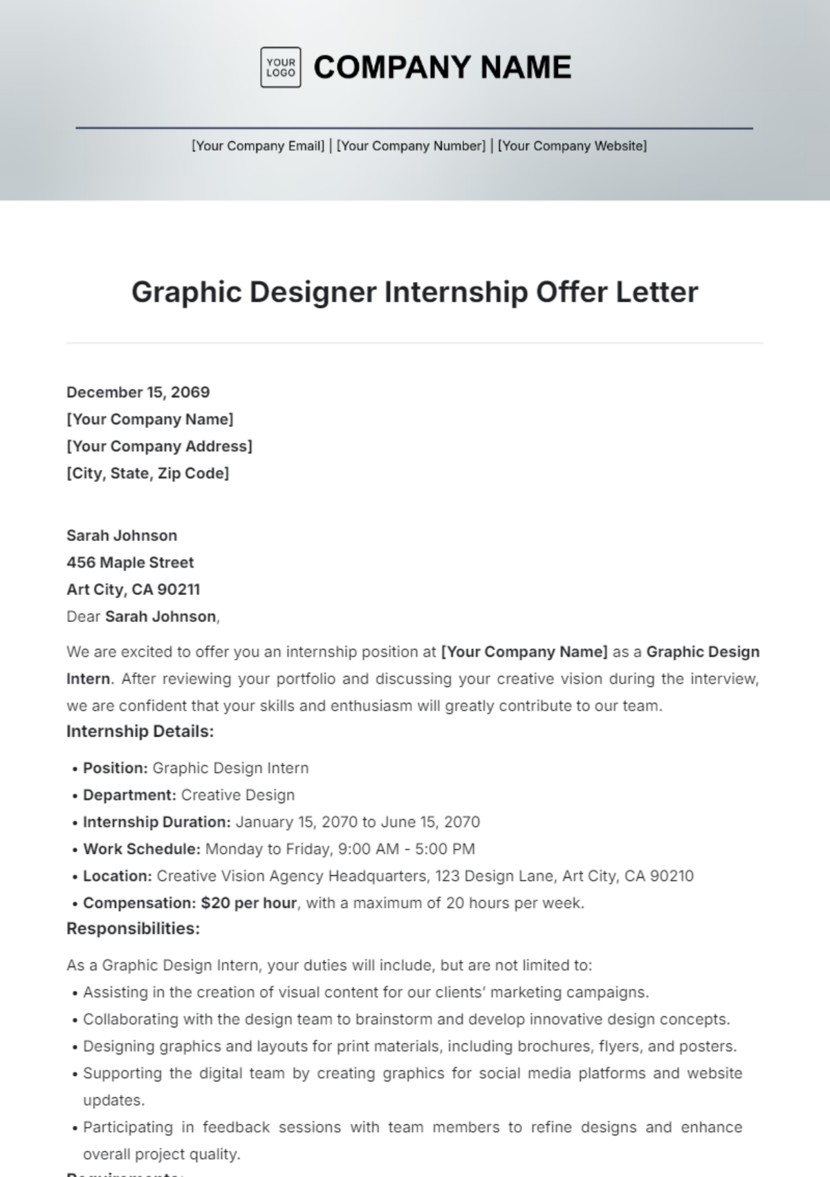 Graphic Designer Internship Offer Letter Template - Edit Online & Download