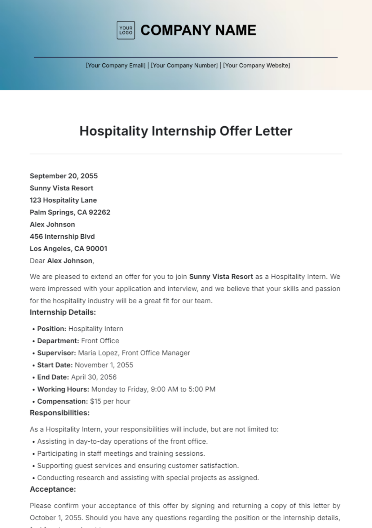 Hospitality Internship Offer Letter Template - Edit Online & Download