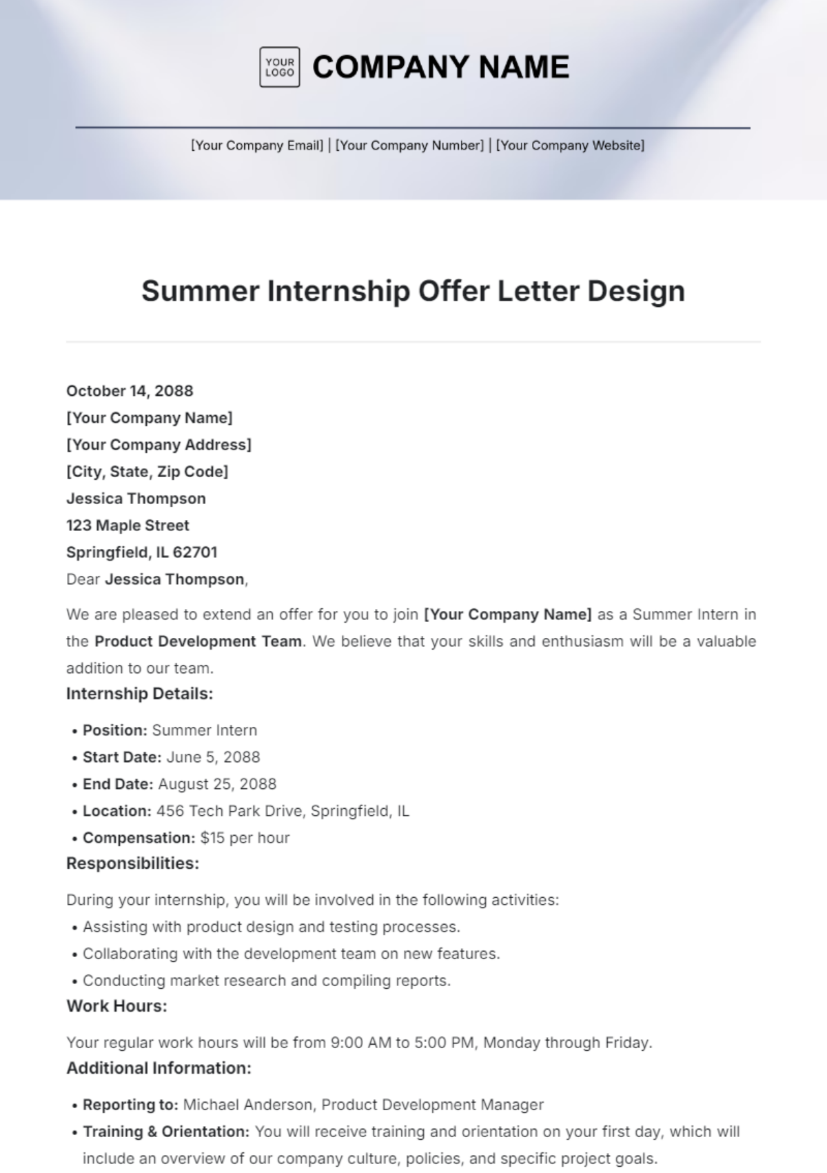 Summer Internship Offer Letter Design Template - Edit Online & Download