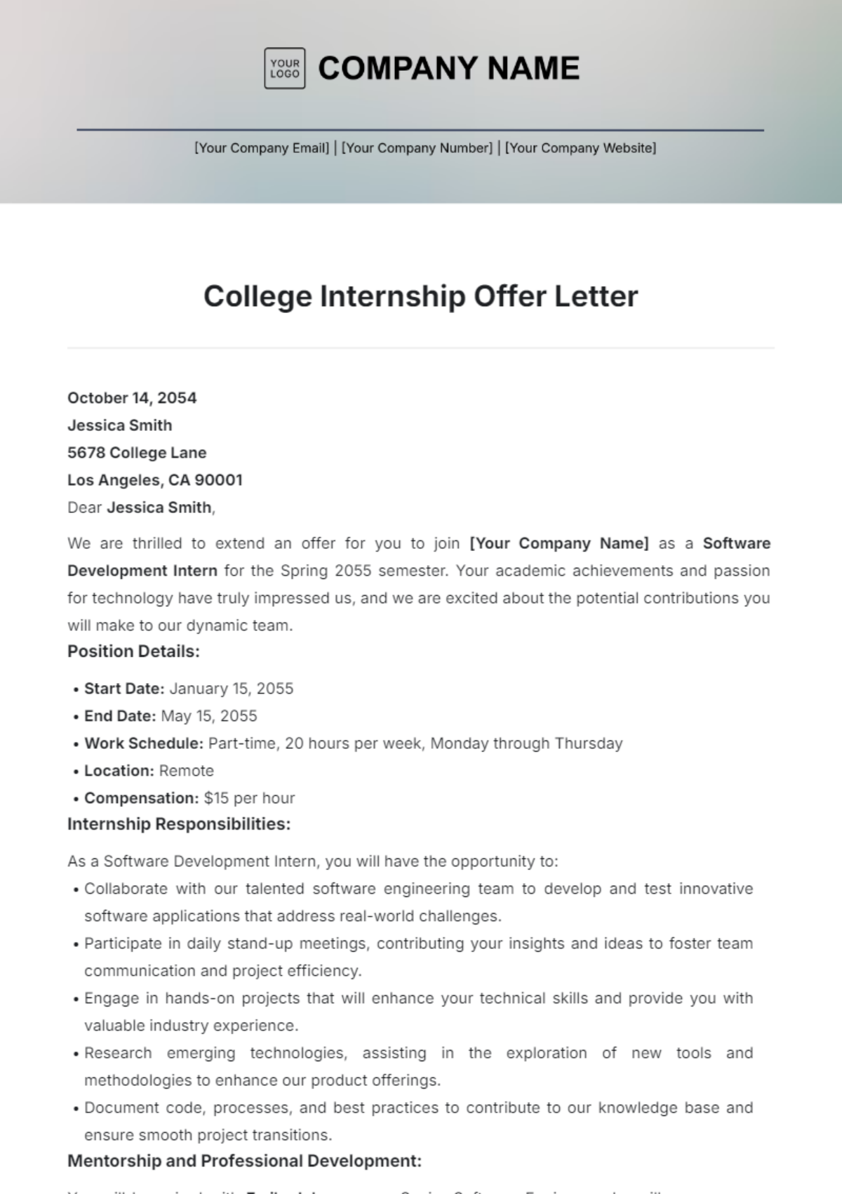 College Internship Offer Letter Template - Edit Online & Download