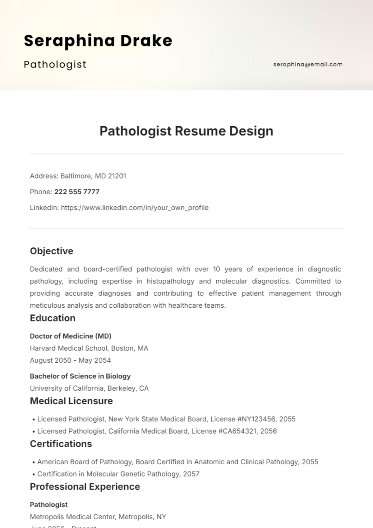 Pathologist Resume Design Template - Edit Online & Download