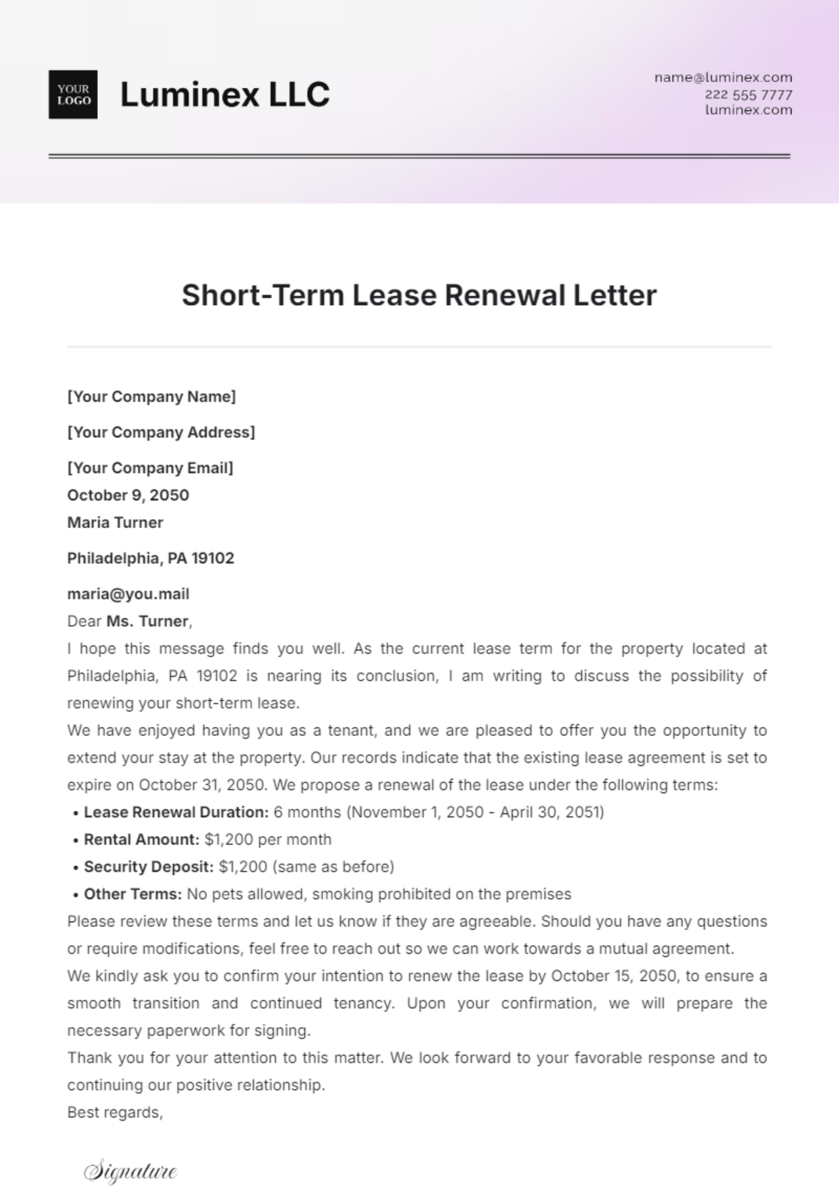 Short-Term Lease Renewal Letter Template - Edit Online & Download