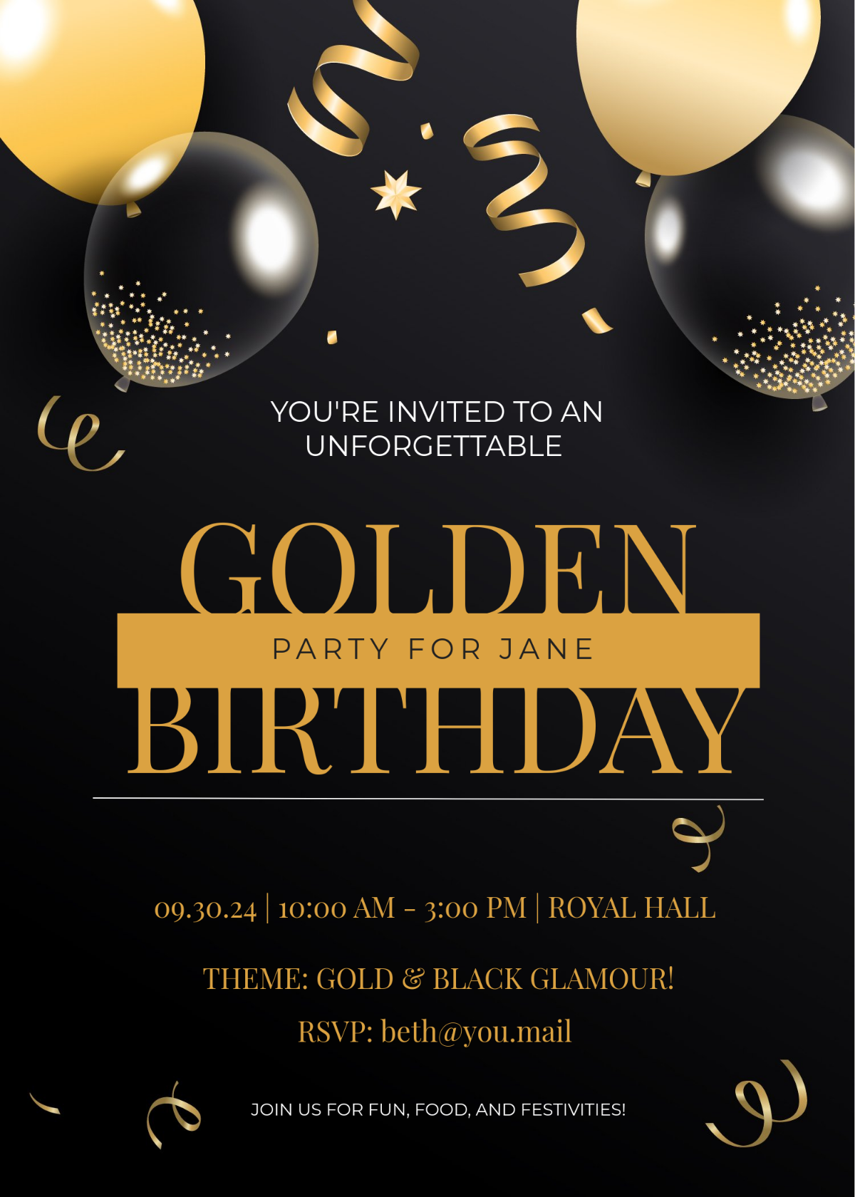 Golden and Black Birthday Party Invitation Template - Edit Online & Download