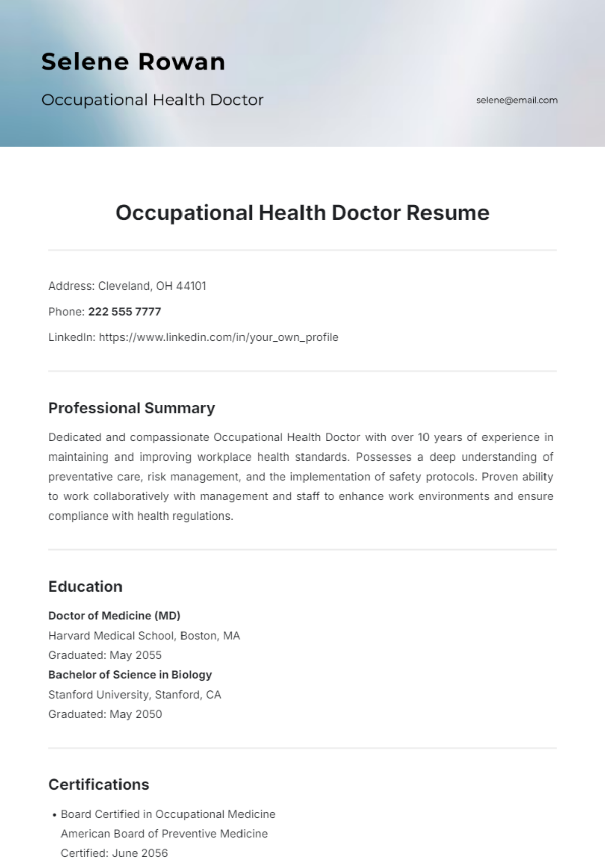 Occupational Health Doctor Resume Template - Edit Online & Download