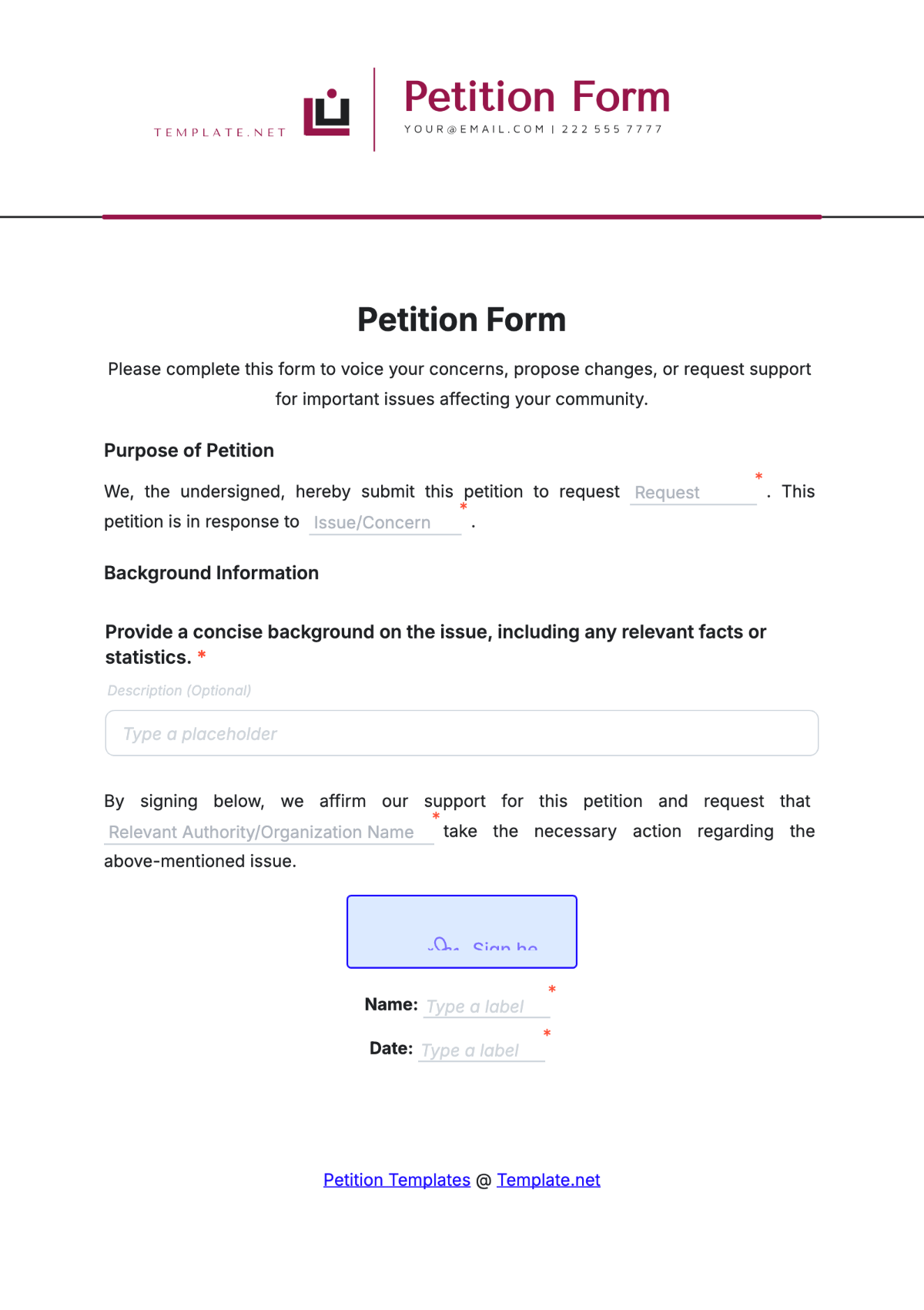 Petition Form Template - Edit Online & Download