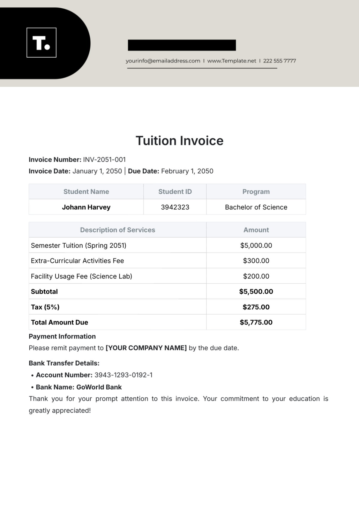 Printable Tuition Invoice Template