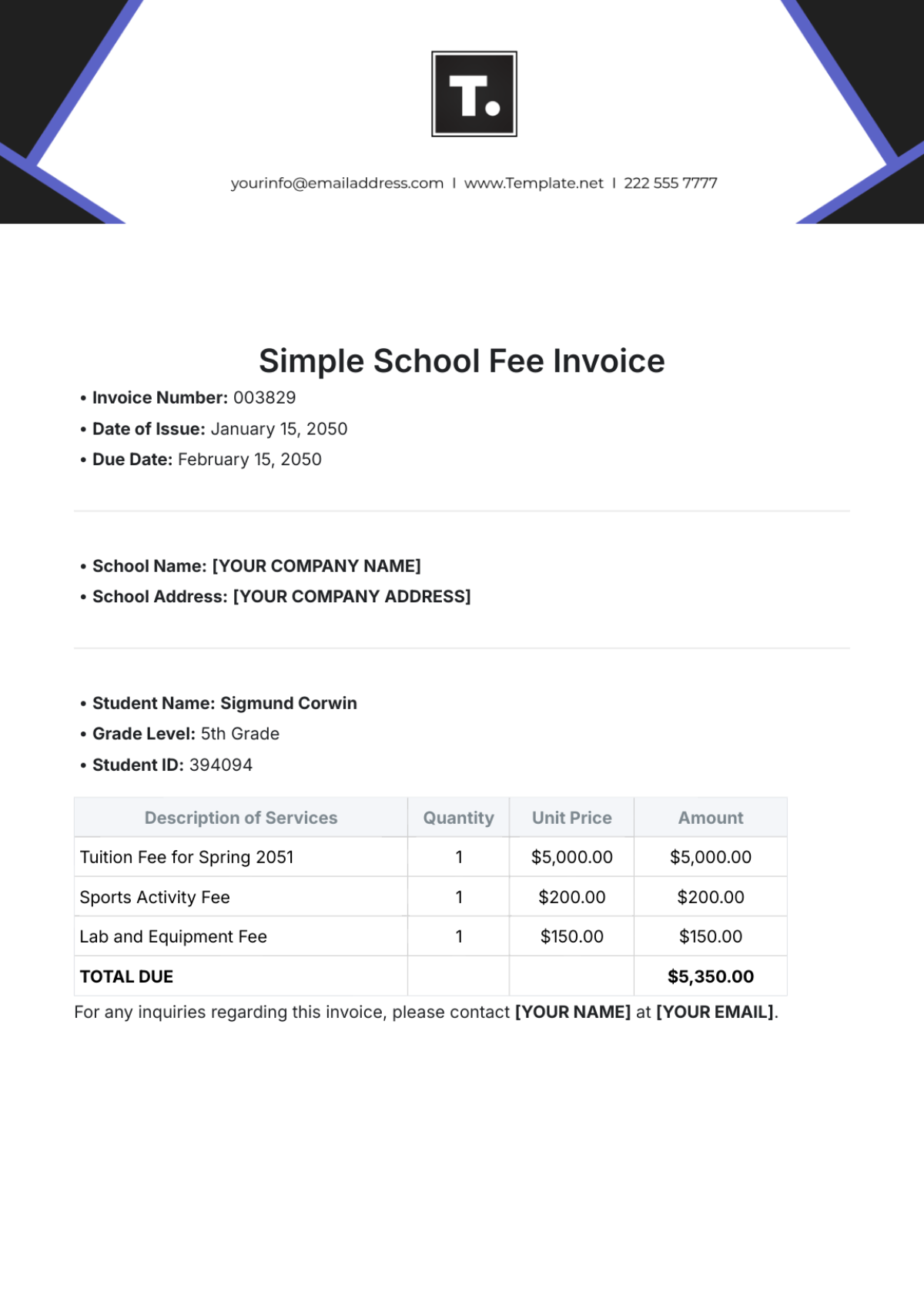 Simple School Fee Invoice Template - Edit Online & Download