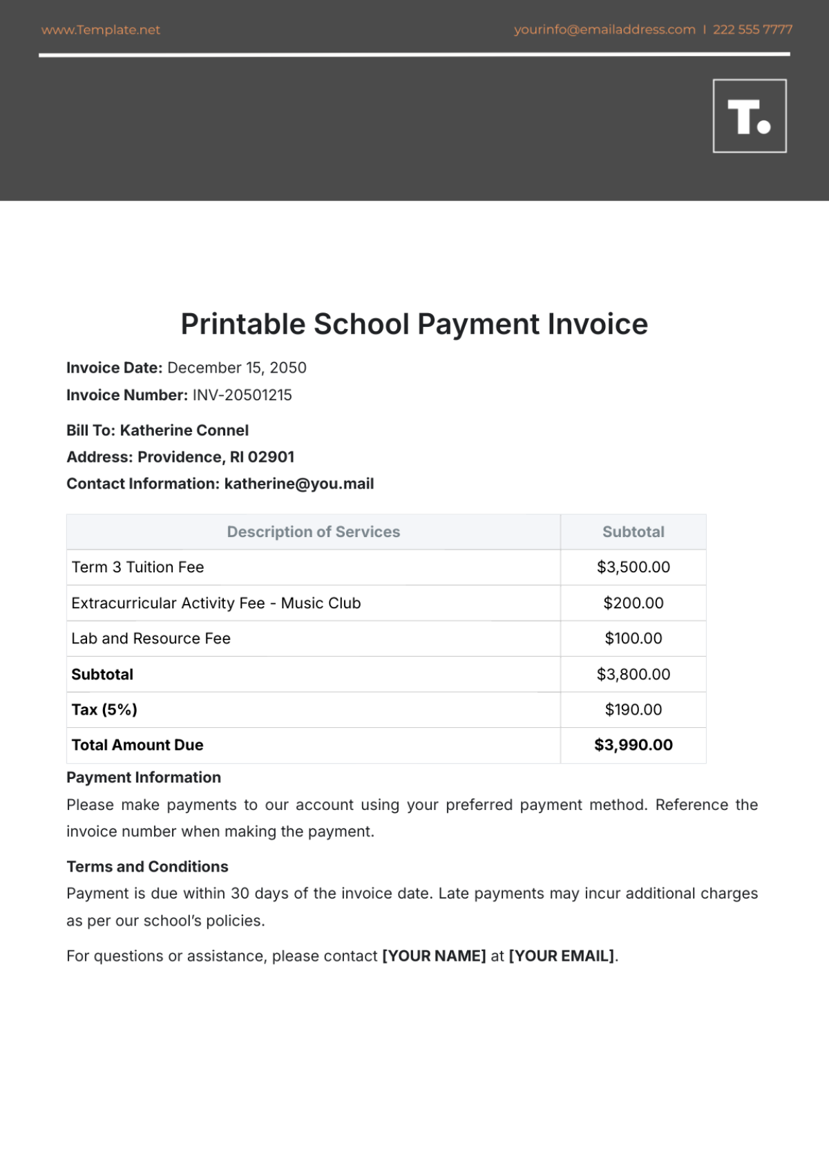 Printable School Payment Invoice Template