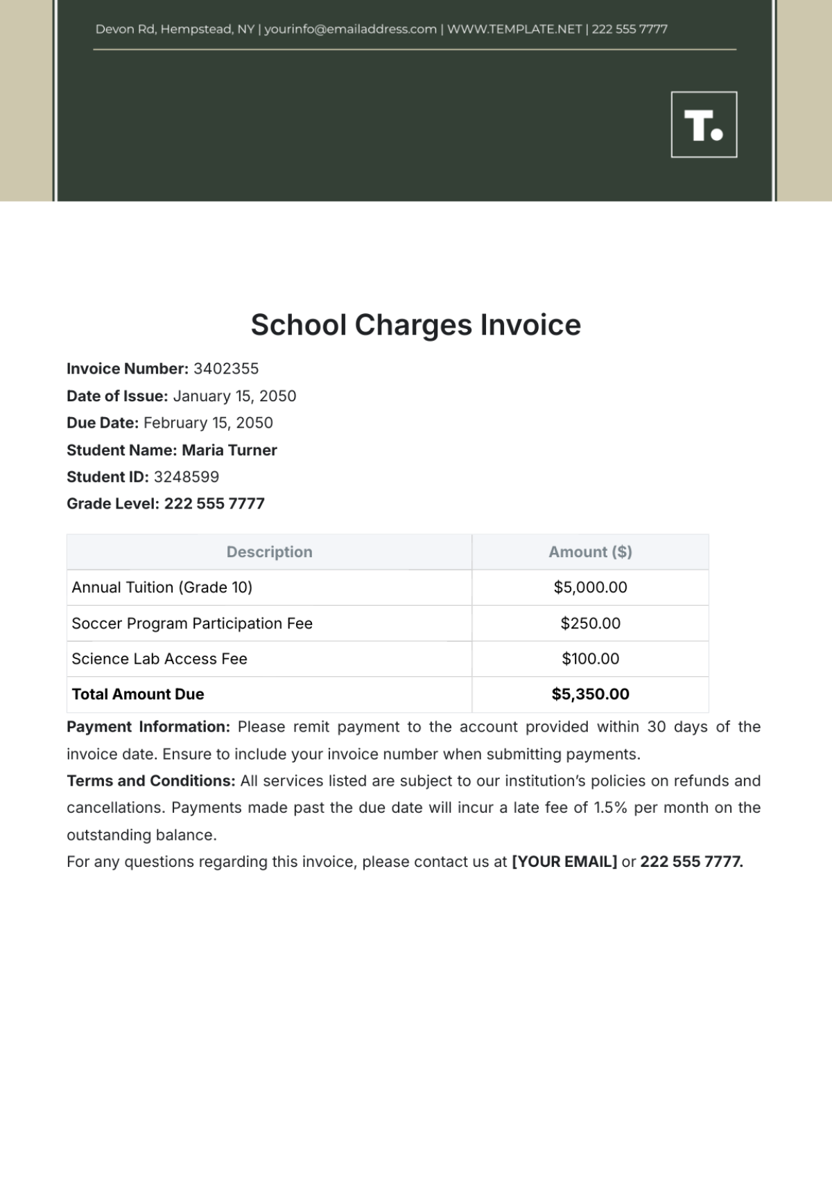 School Charges Invoice Template