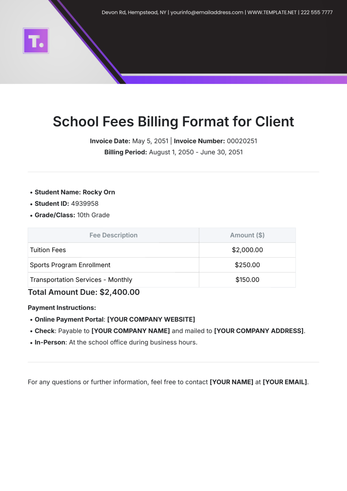 School Fees Billing Format for Client Template