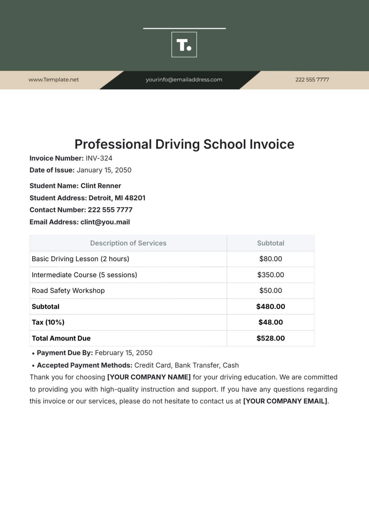 Professional Driving School Invoice Template