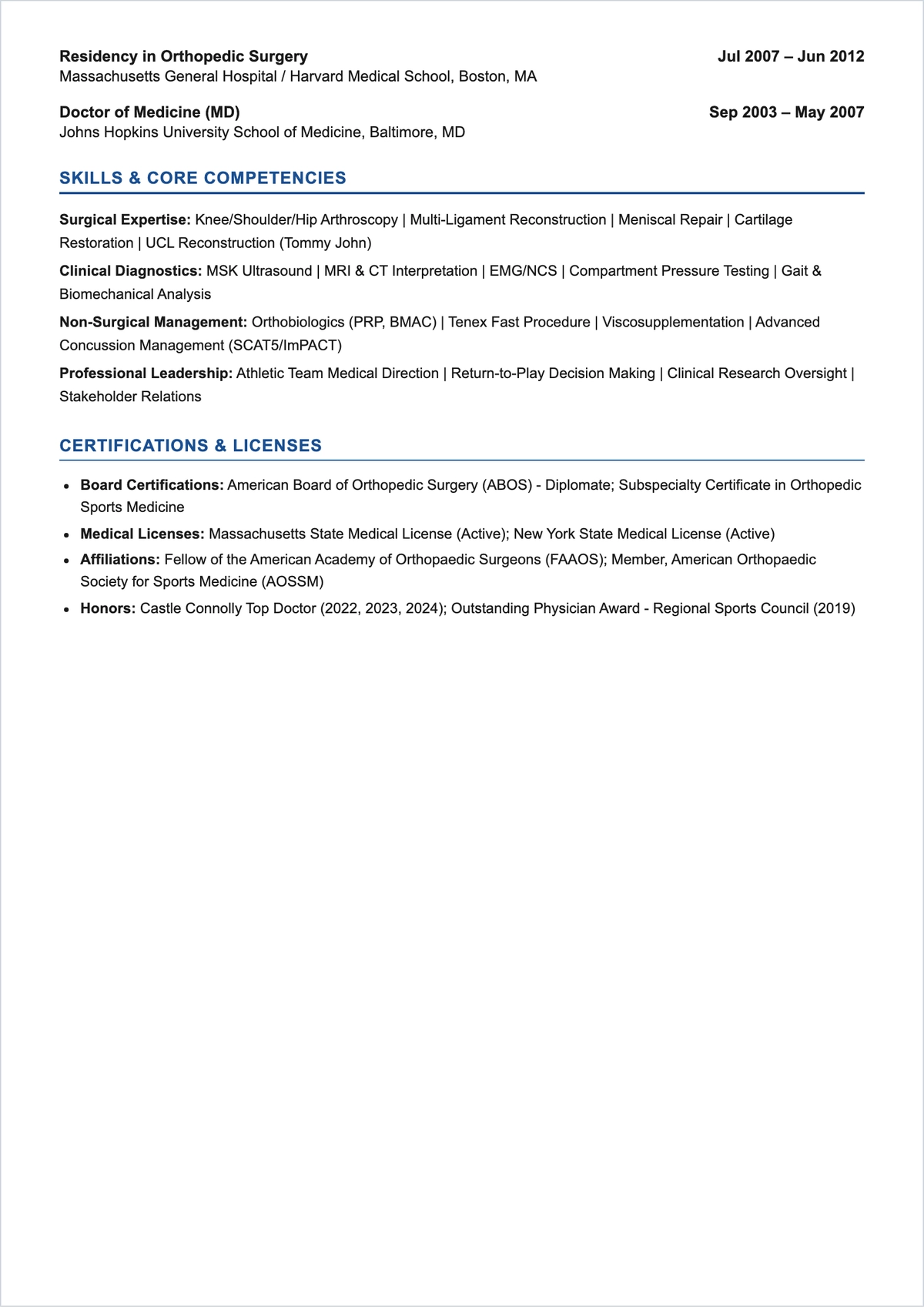 Free Sports Medicine Doctor ATS Resume Template, AI Resume Builder