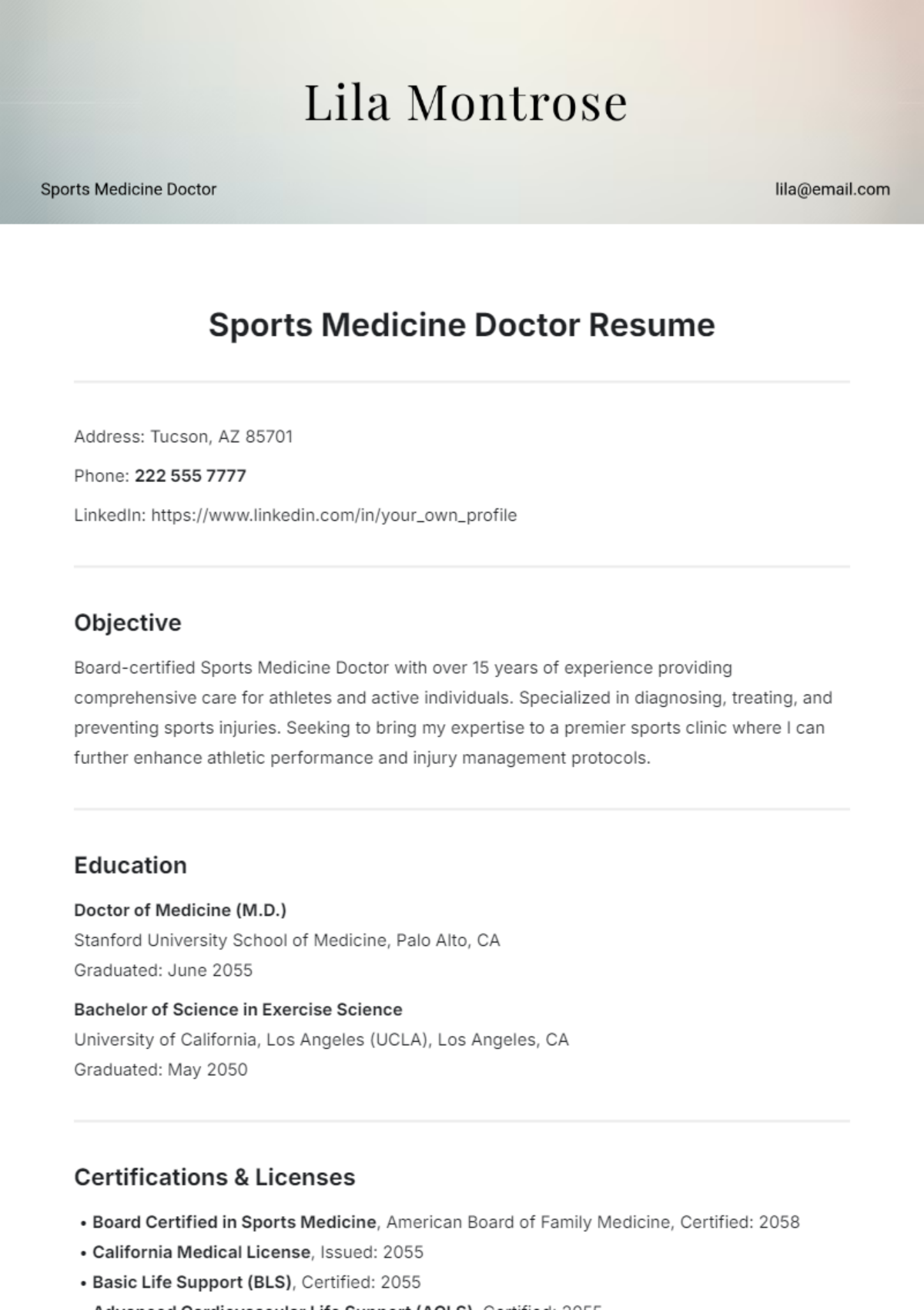 Sports Medicine Doctor Resume Template - Edit Online & Download