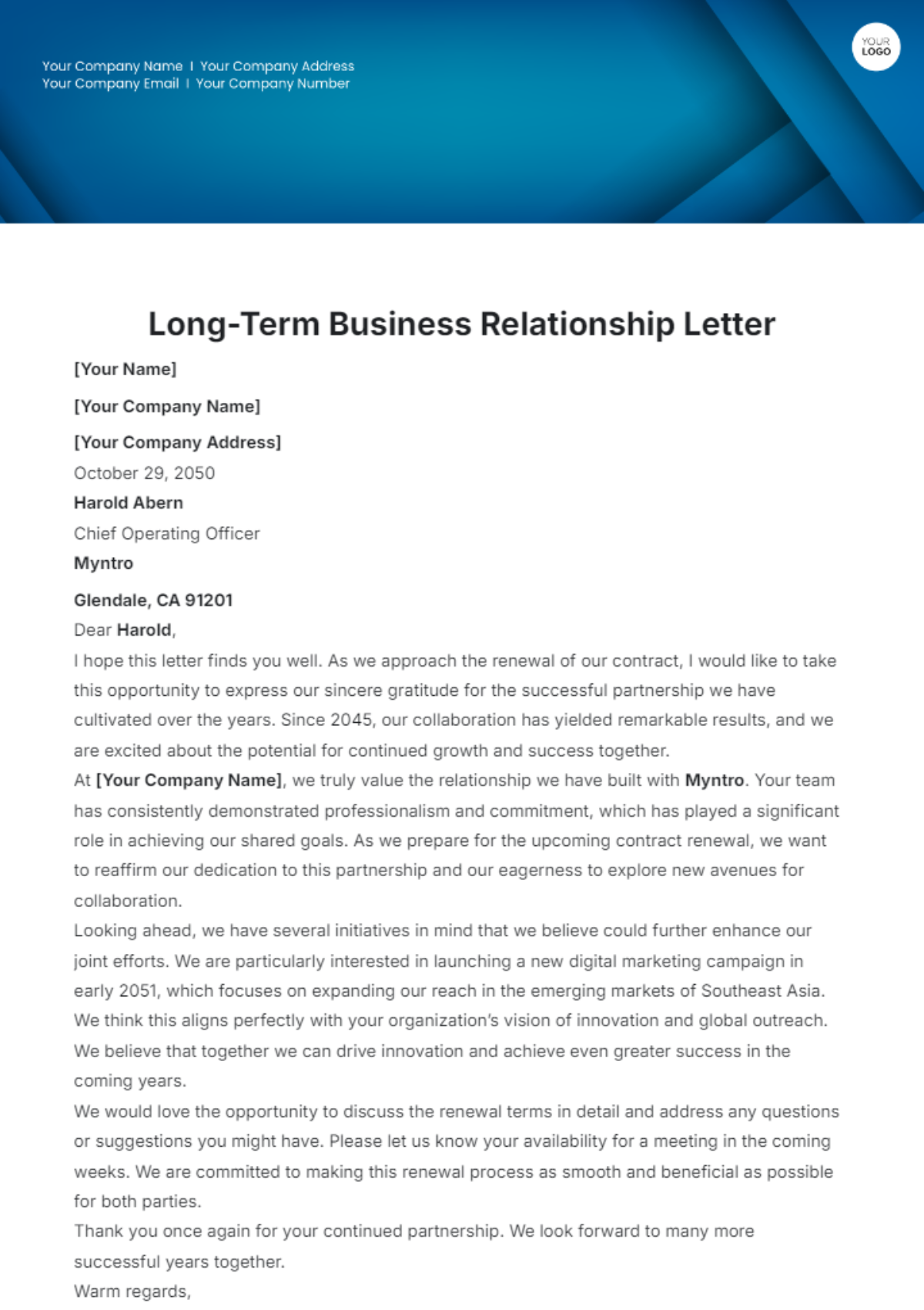 Long-Term Business Relationship Letter Template - Edit Online & Download