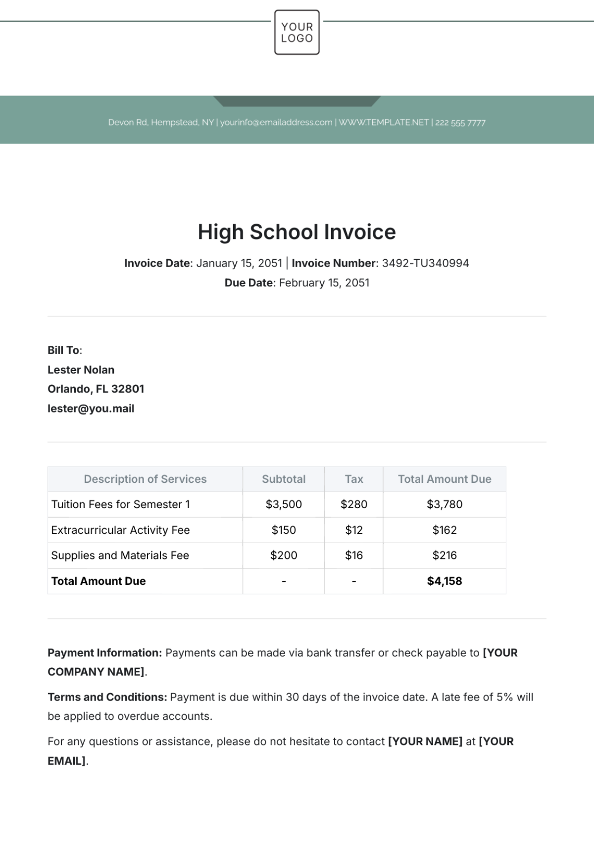 High School Invoice Template | Template.net