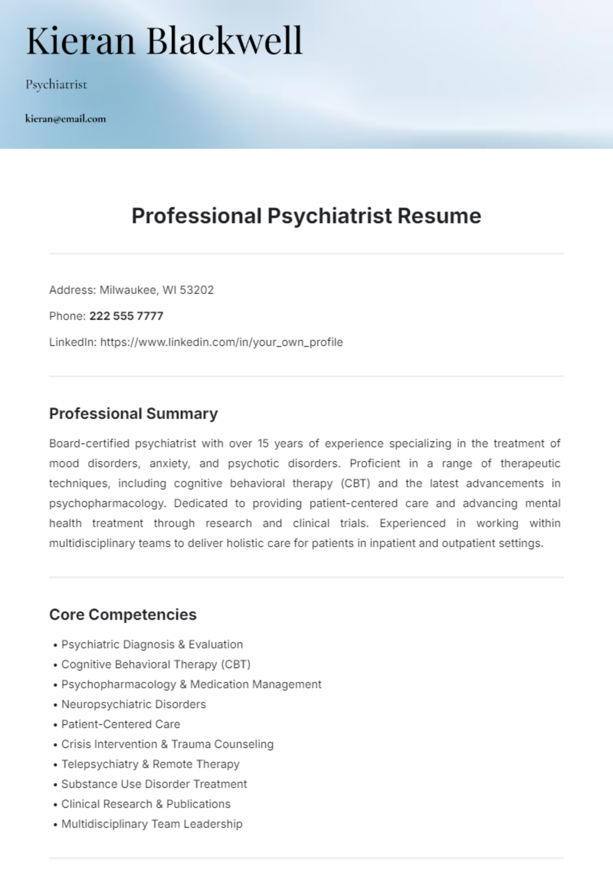 Professional Psychiatrist Resume Template - Edit Online & Download