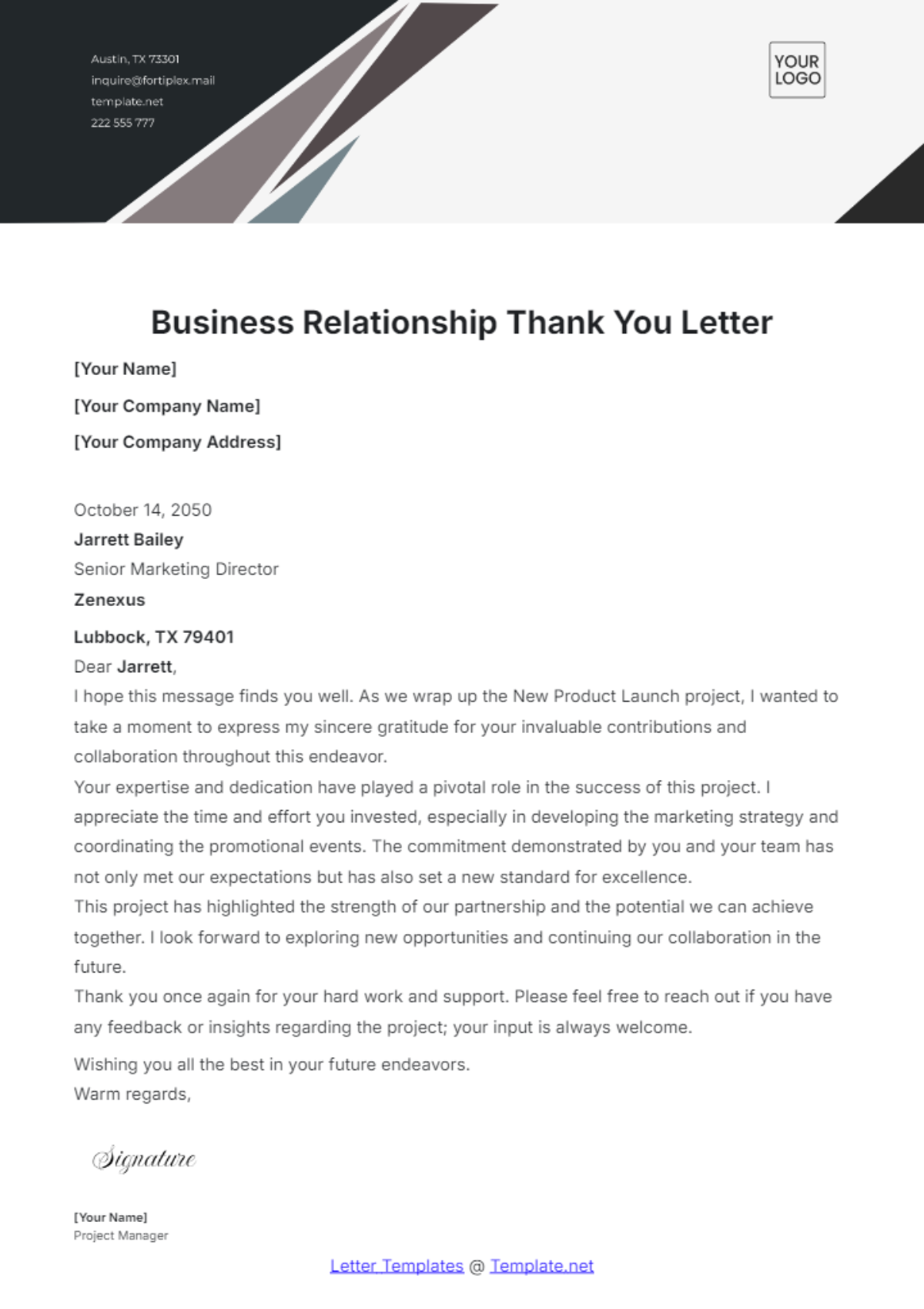 Business Relationship Thank You Letter Template - Edit Online & Download