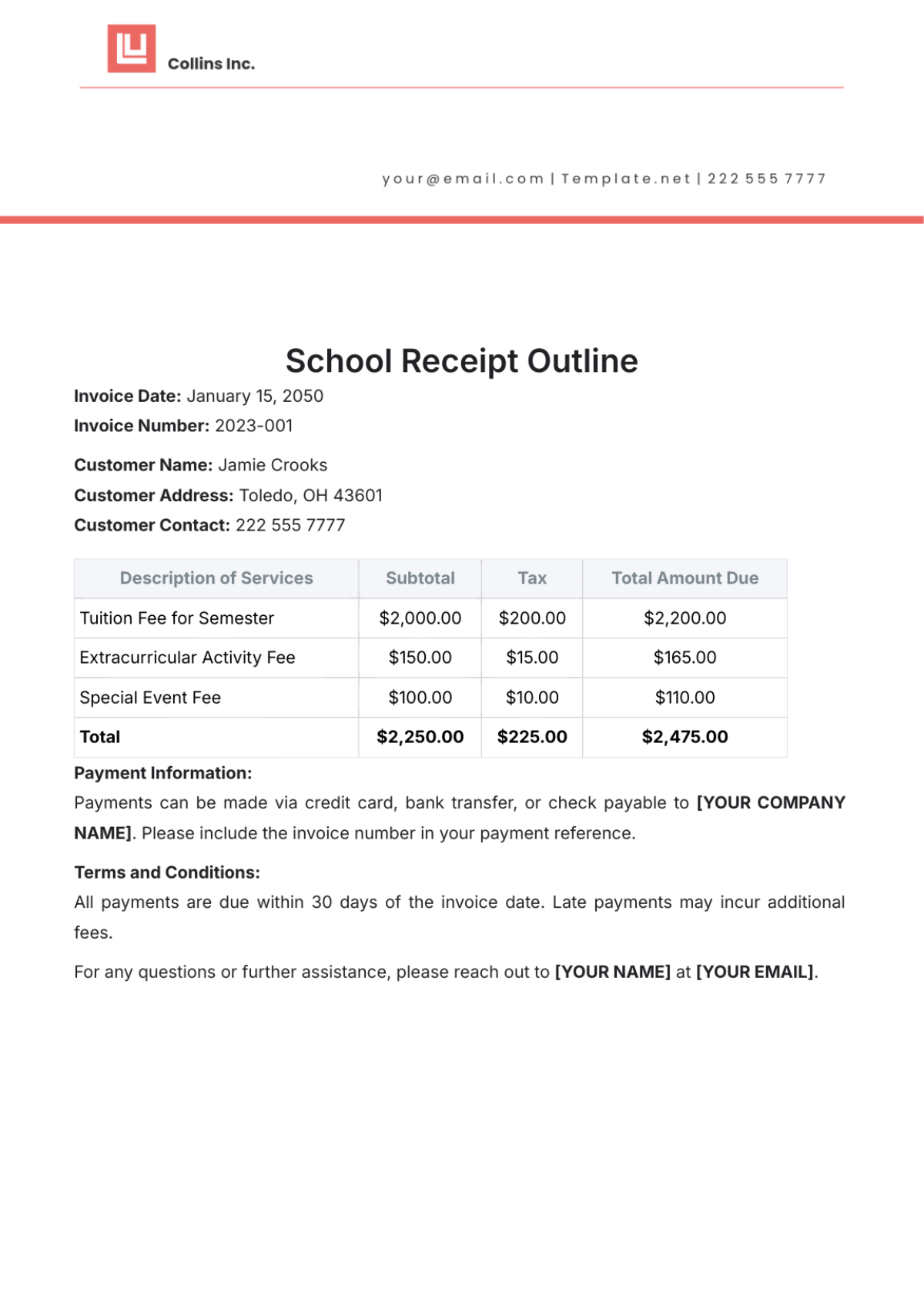 School Receipt Outline Template - Edit Online & Download