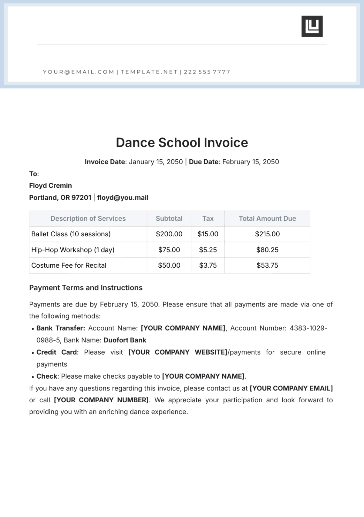 Dance School Invoice Template - Edit Online & Download