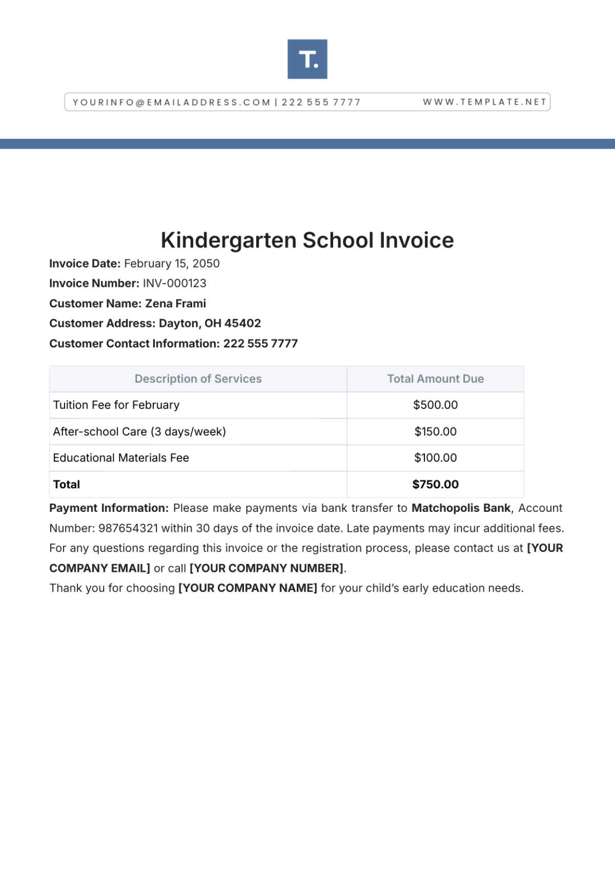 Kindergarten School Invoice Template - Edit Online & Download