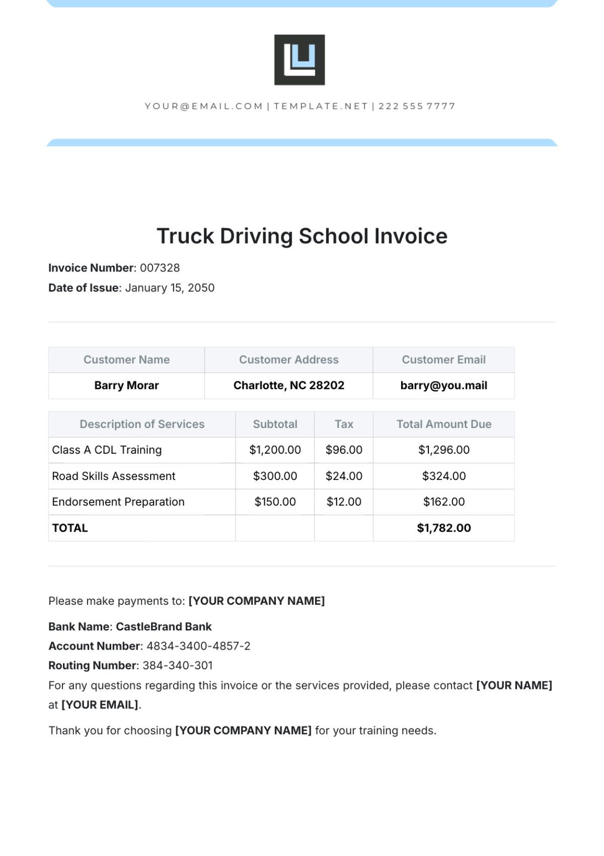 Truck Driving School Invoice Template - Edit Online & Download