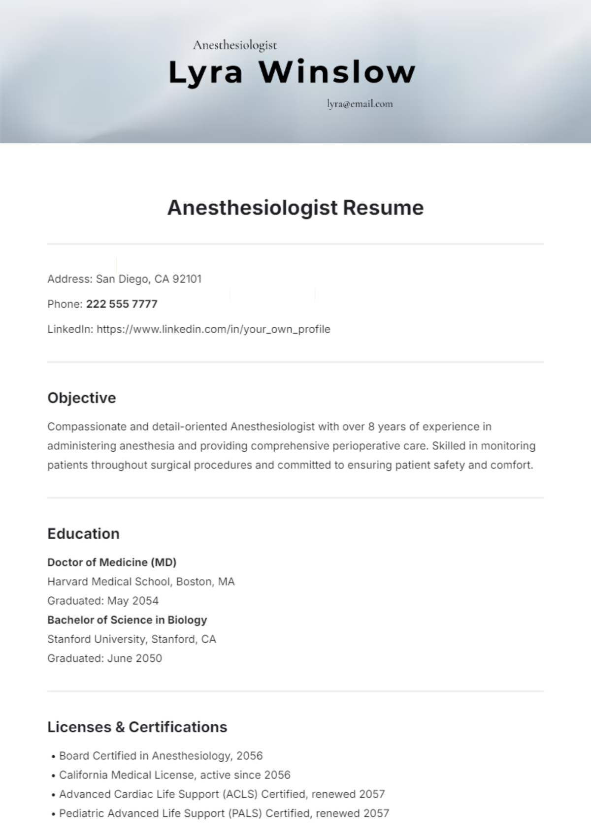 Anesthesiologist Resume Template - Edit Online & Download