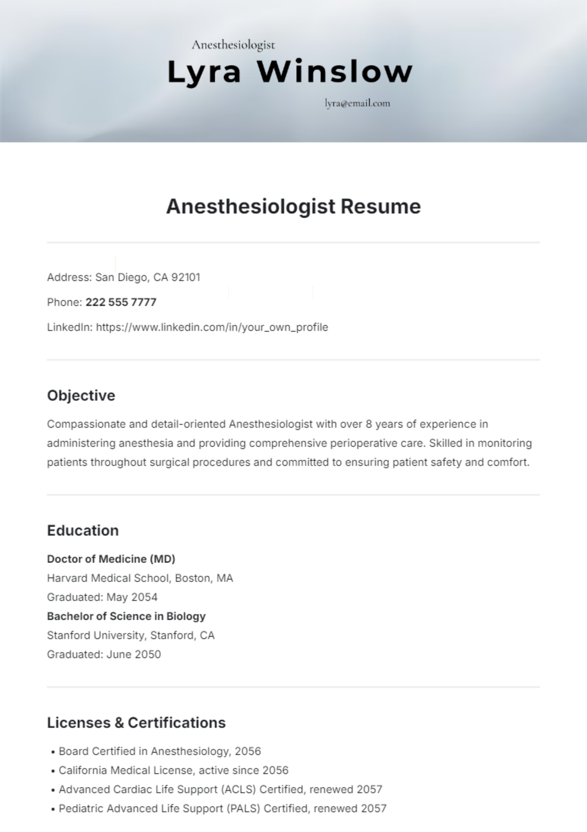 Free Anesthesiologist Resume Template To Edit Online Free Anesthesiologist Resume Template To Edit Online