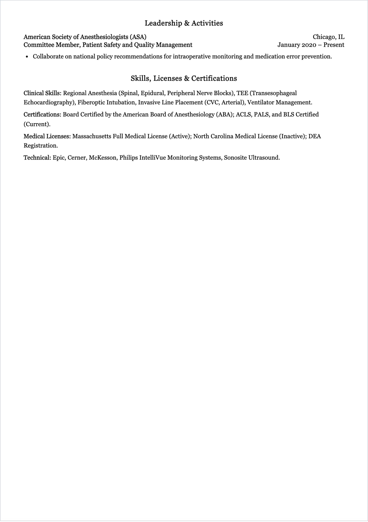 Free Anesthesiologist ATS Resume Template, AI Resume Builder