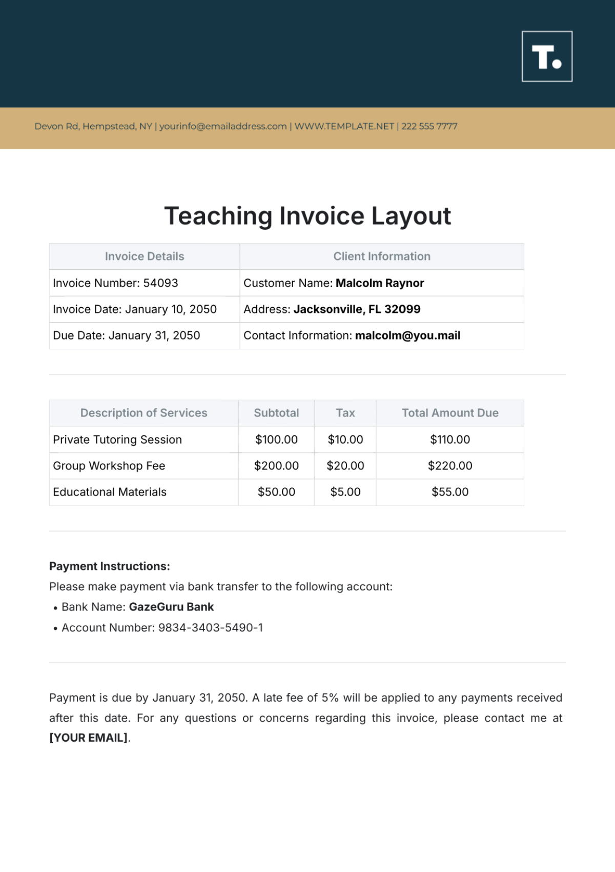 Teaching Invoice Layout Template - Edit Online & Download