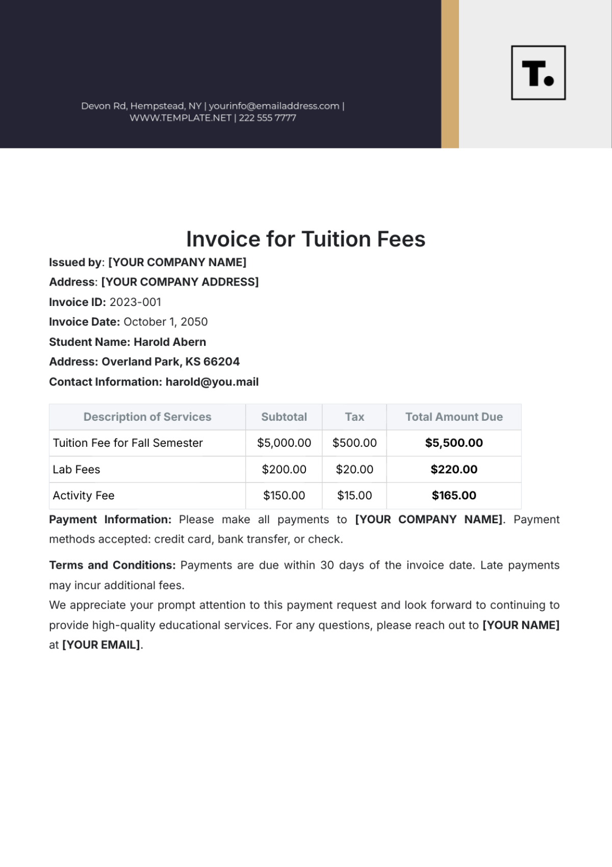 Invoice Template for Tuition Fees - Edit Online & Download