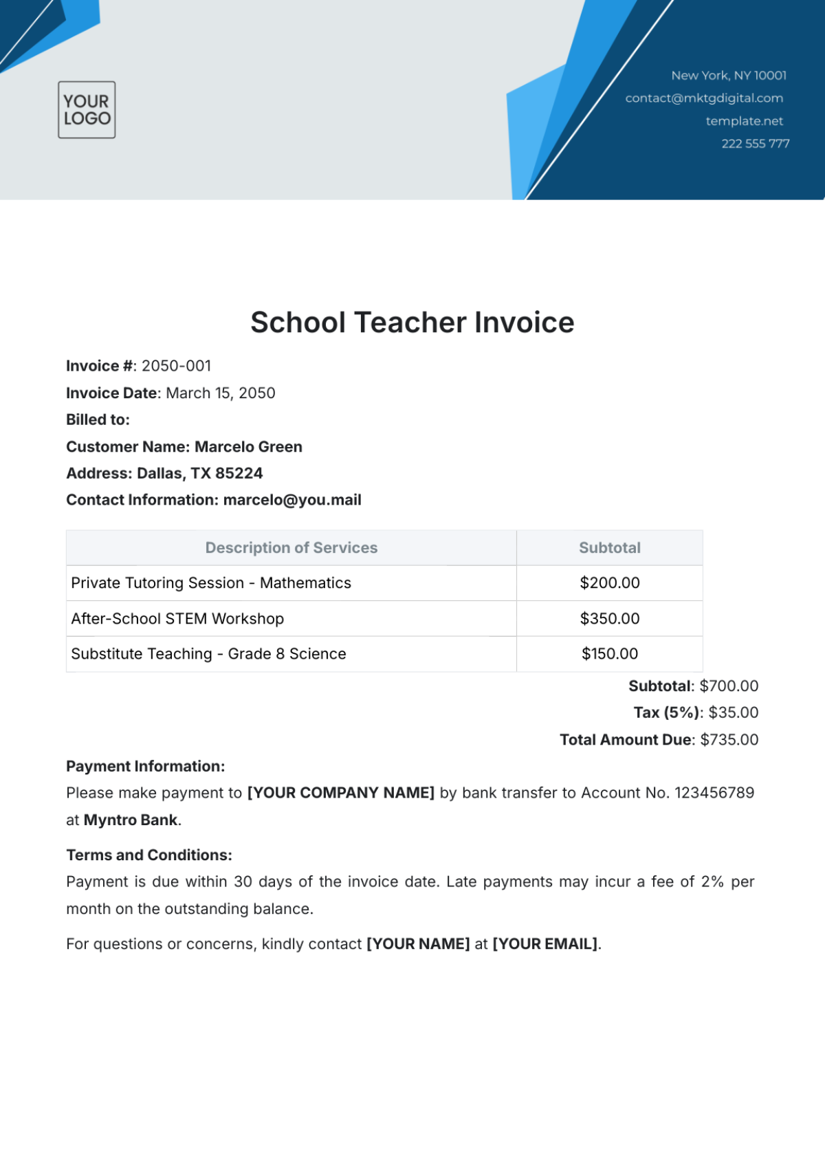 School Teacher Invoice Template - Edit Online & Download