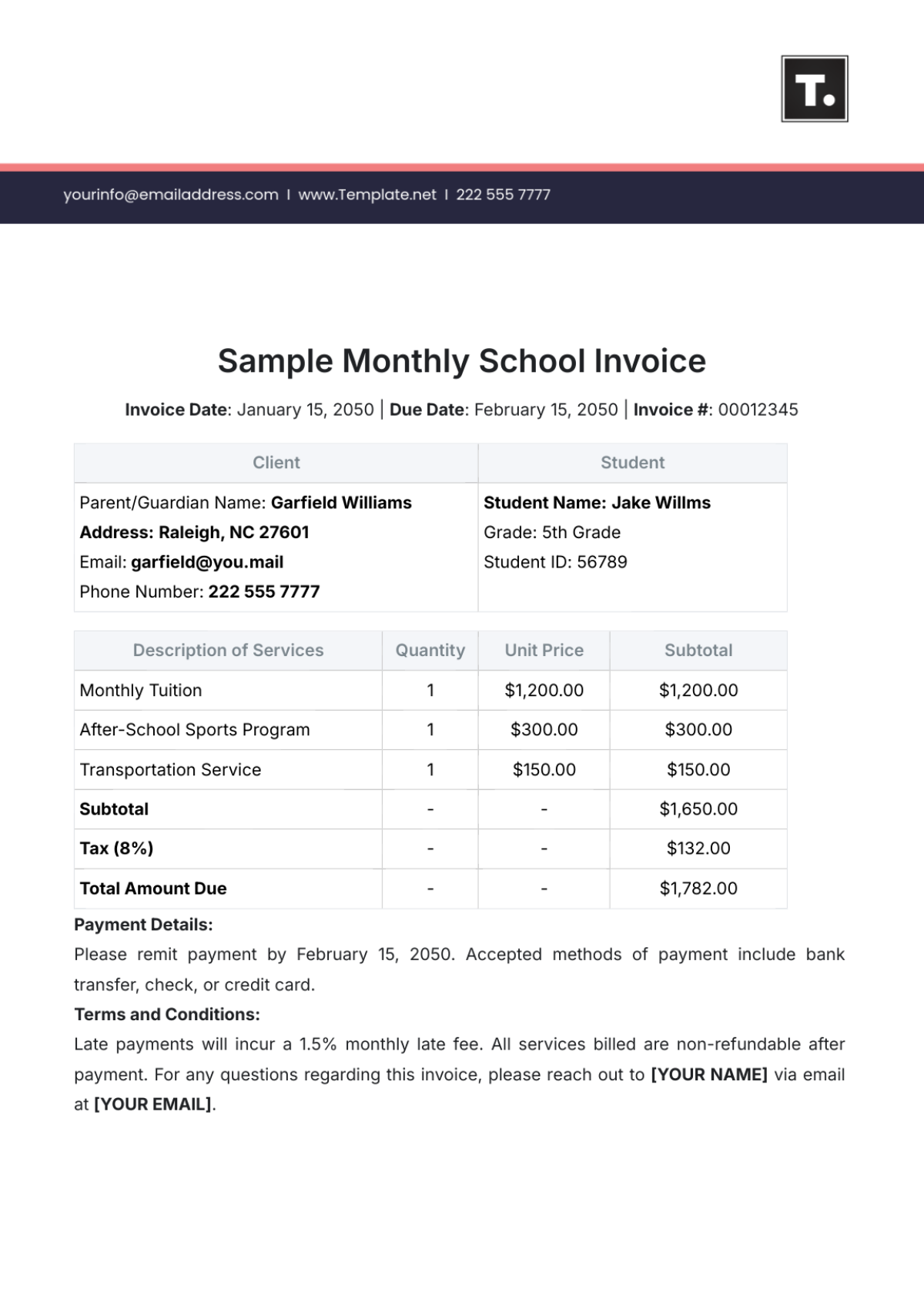 Sample Monthly School Invoice Template - Edit Online & Download