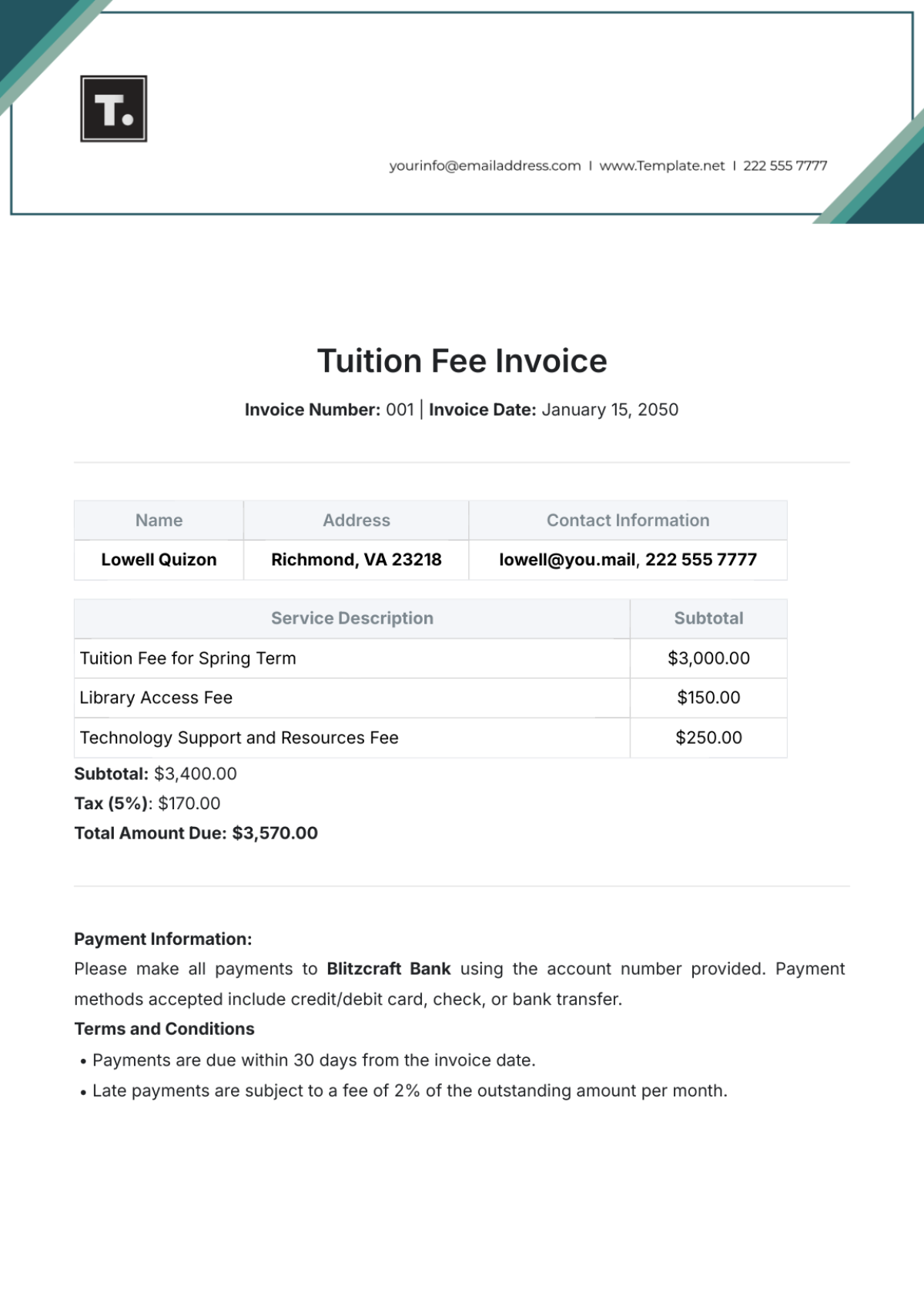 Tuition Fee Invoice Template - Edit Online & Download