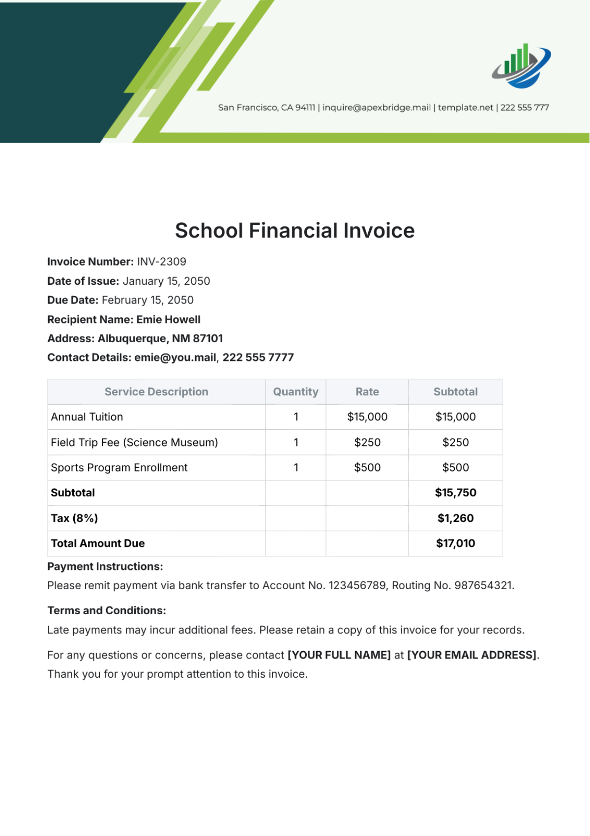 School Financial Invoice Template - Edit Online & Download