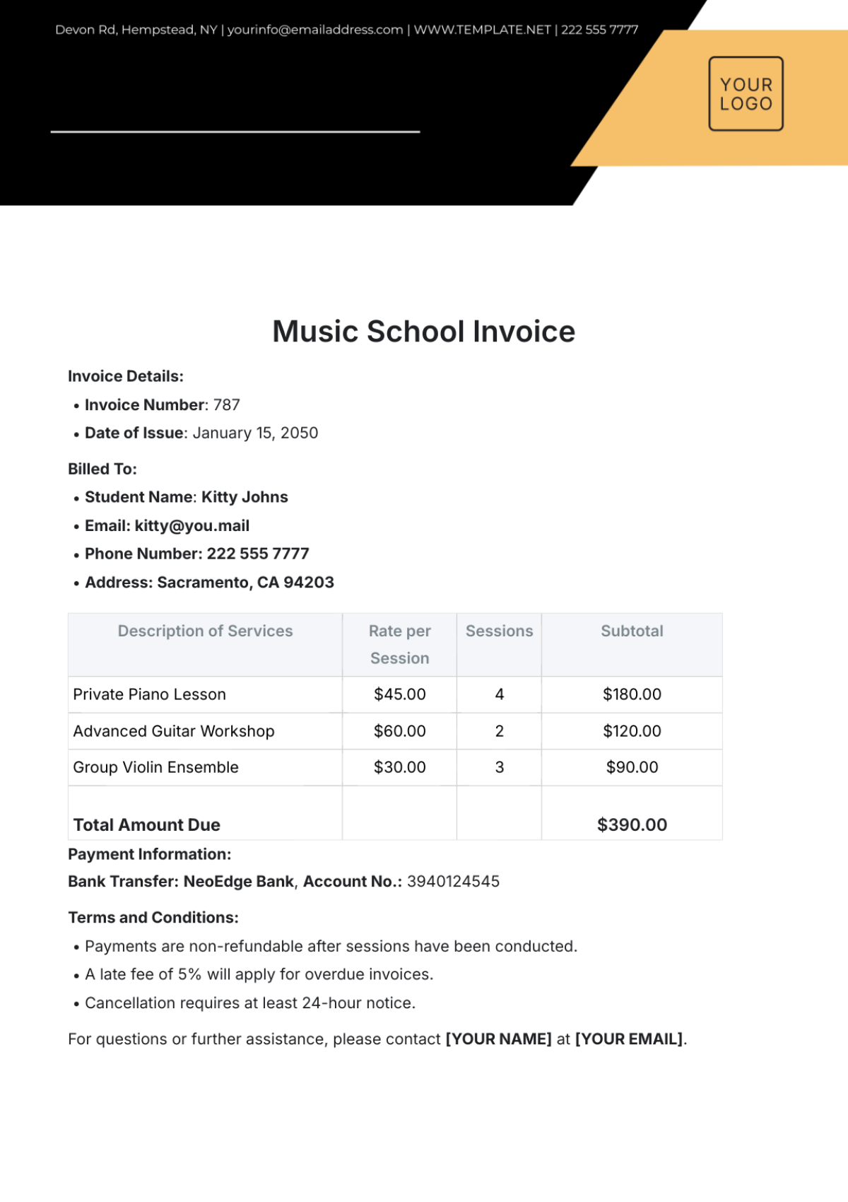 Music School Invoice Template - Edit Online & Download