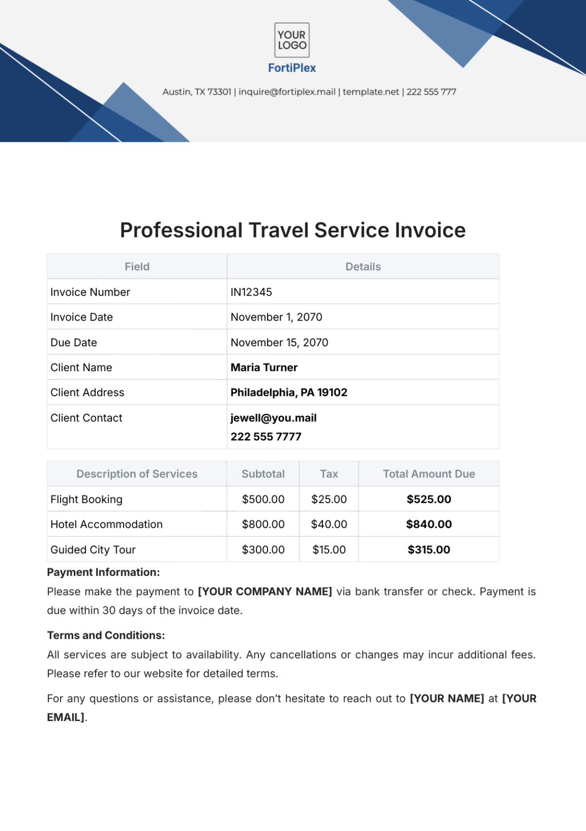 Professional Travel Service Invoice Template - Edit Online & Download