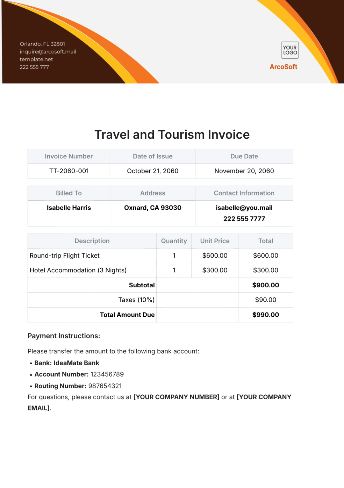 Travel and Tourism Invoice Template - Edit Online & Download