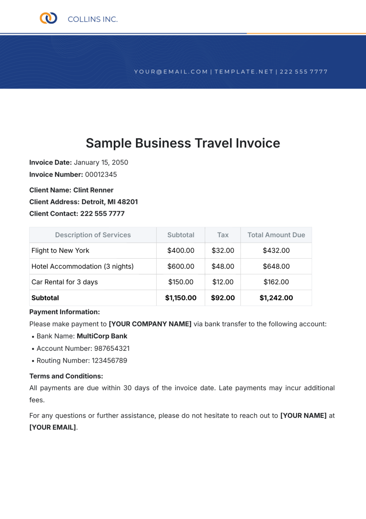 Sample Business Travel Invoice Template - Edit Online & Download