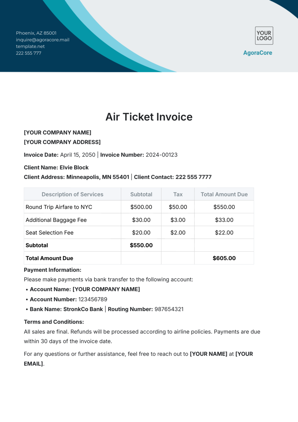 Air Ticket Invoice Template - Edit Online & Download