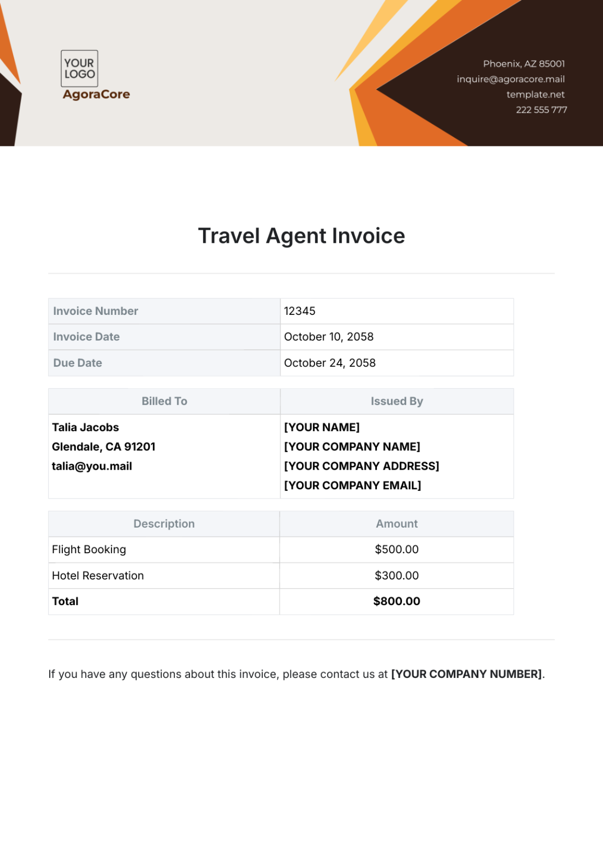 Travel Agent Invoice Template - Edit Online & Download